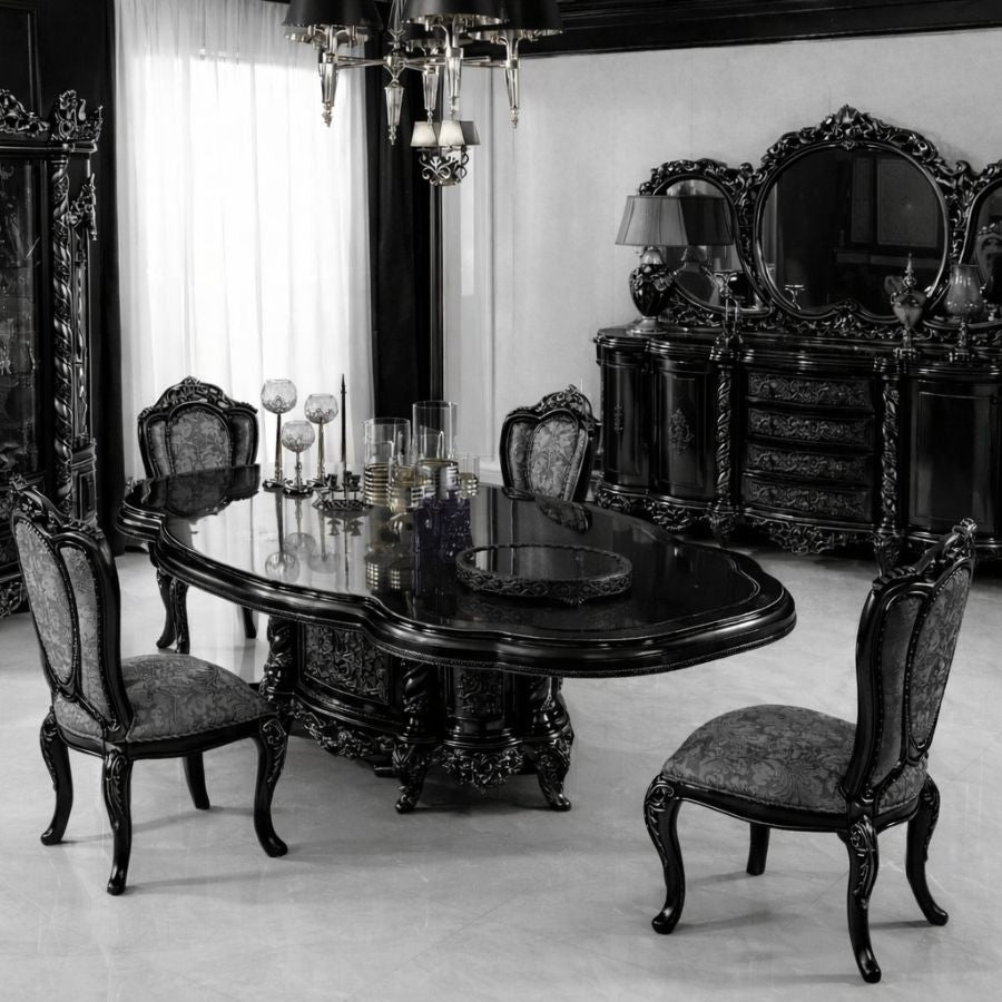 Luxury 4 Seater Dining Table Set – Black High-Gloss European Classic Design