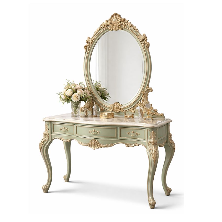 Luxury Antique Dressing Table with Mirror – Elegant Hand-Carved Wooden Vanity