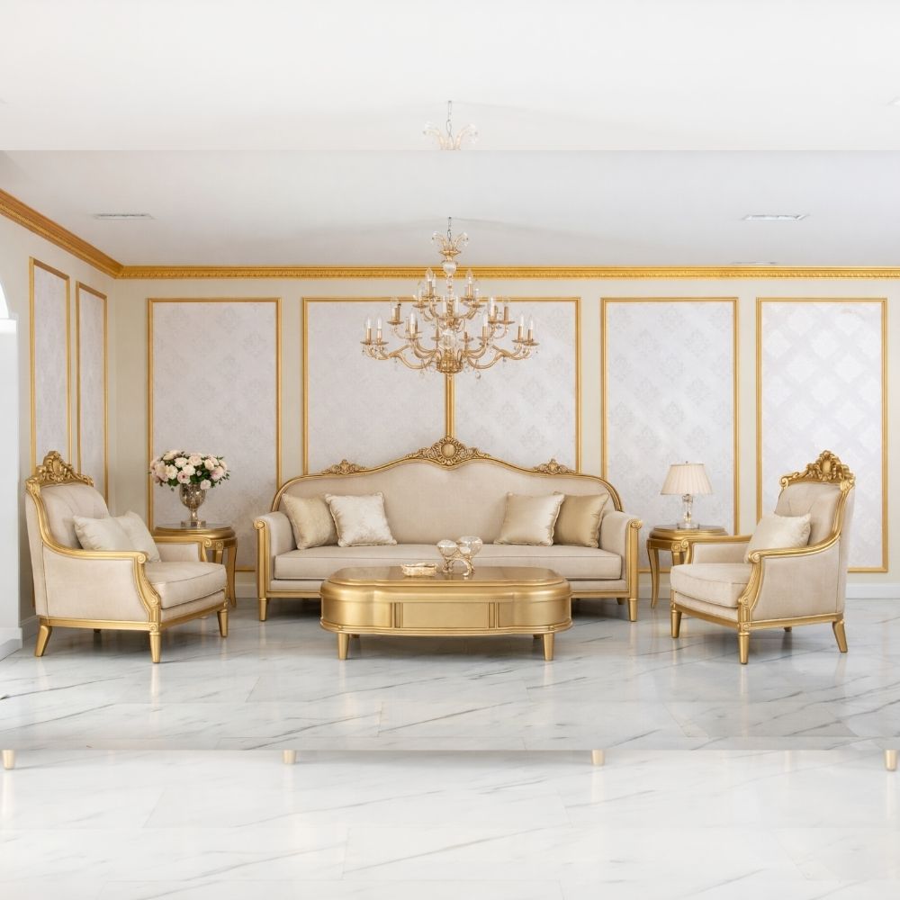 Luxury Classic Gold Sofa Set (3+1+1) – Royal European Hand-Carved Living Room Furniture