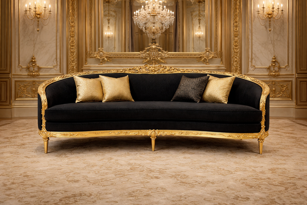Antique Royal Luxury Hand-Carved Wooden Sofa | Black & Gold Finish