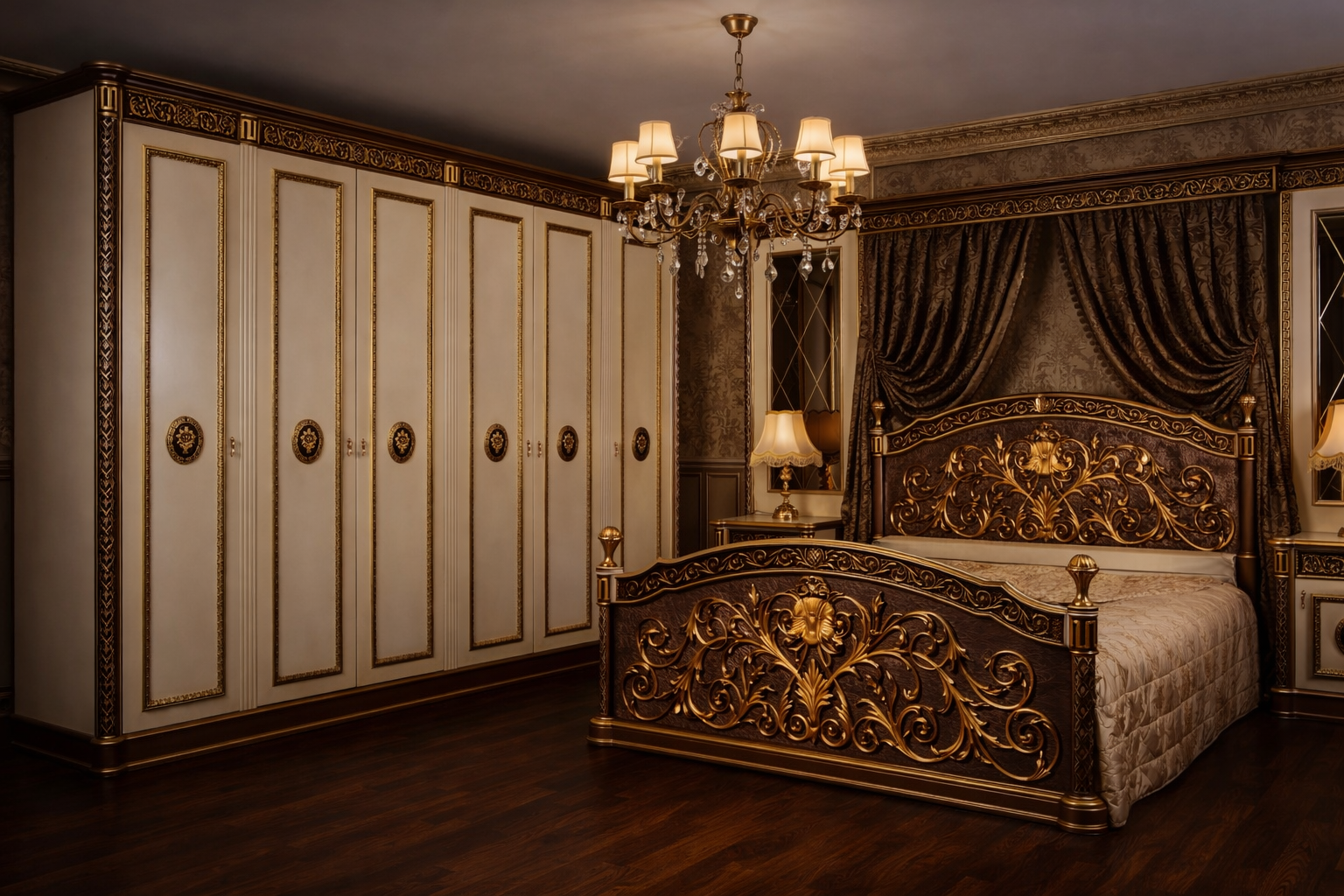 Luxury Royal King Size Bedroom Furniture Set – Bed with 2 Side Tables