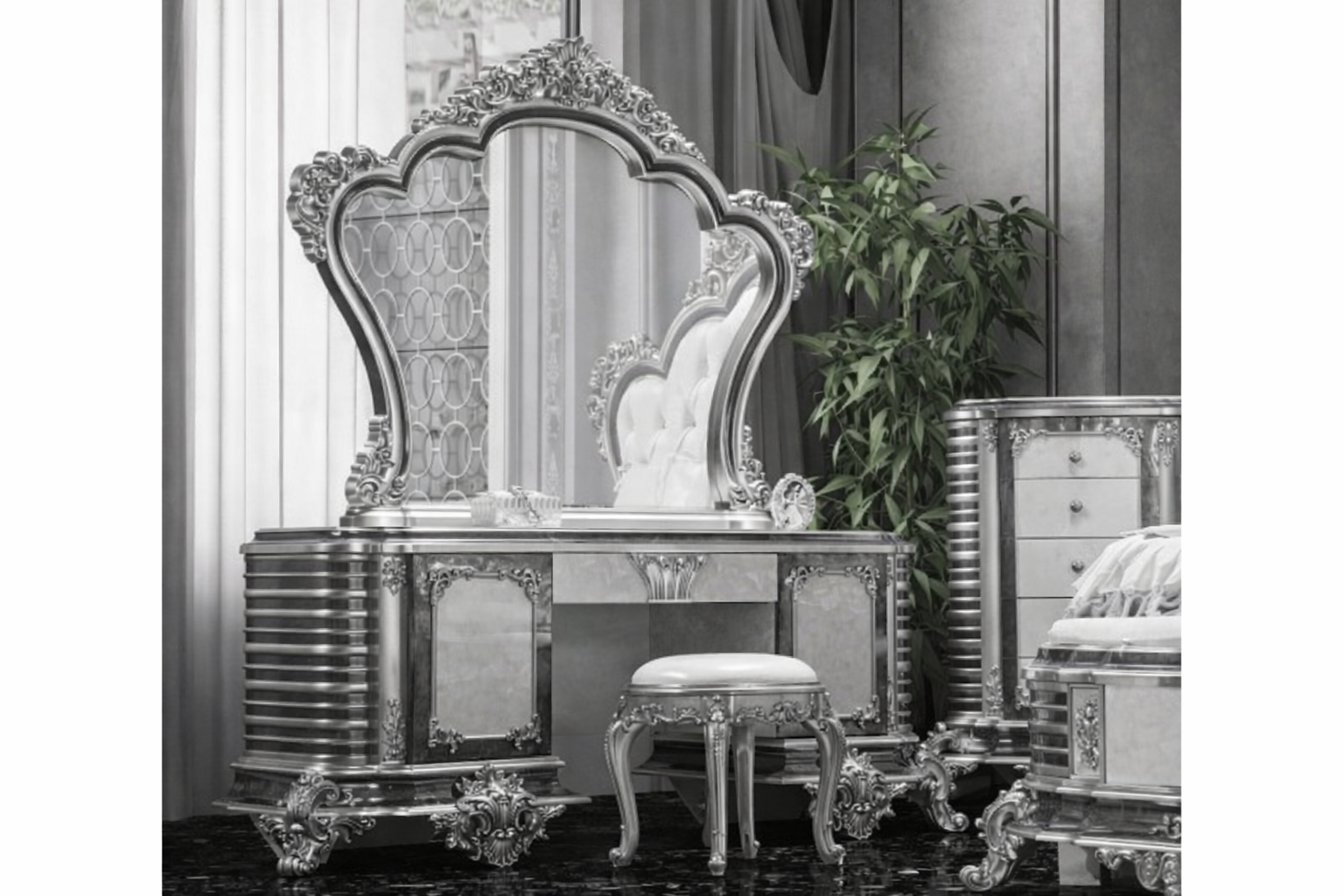 Luxury Royal King Size Bedroom Furniture Set – Bed with Side Tables & Dressing Table