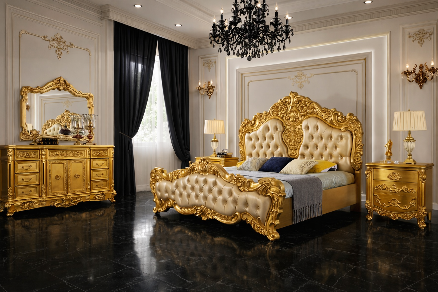 Luxury Royal King Size Bedroom Furniture Set – Bed with Side Tables & Dressing Table