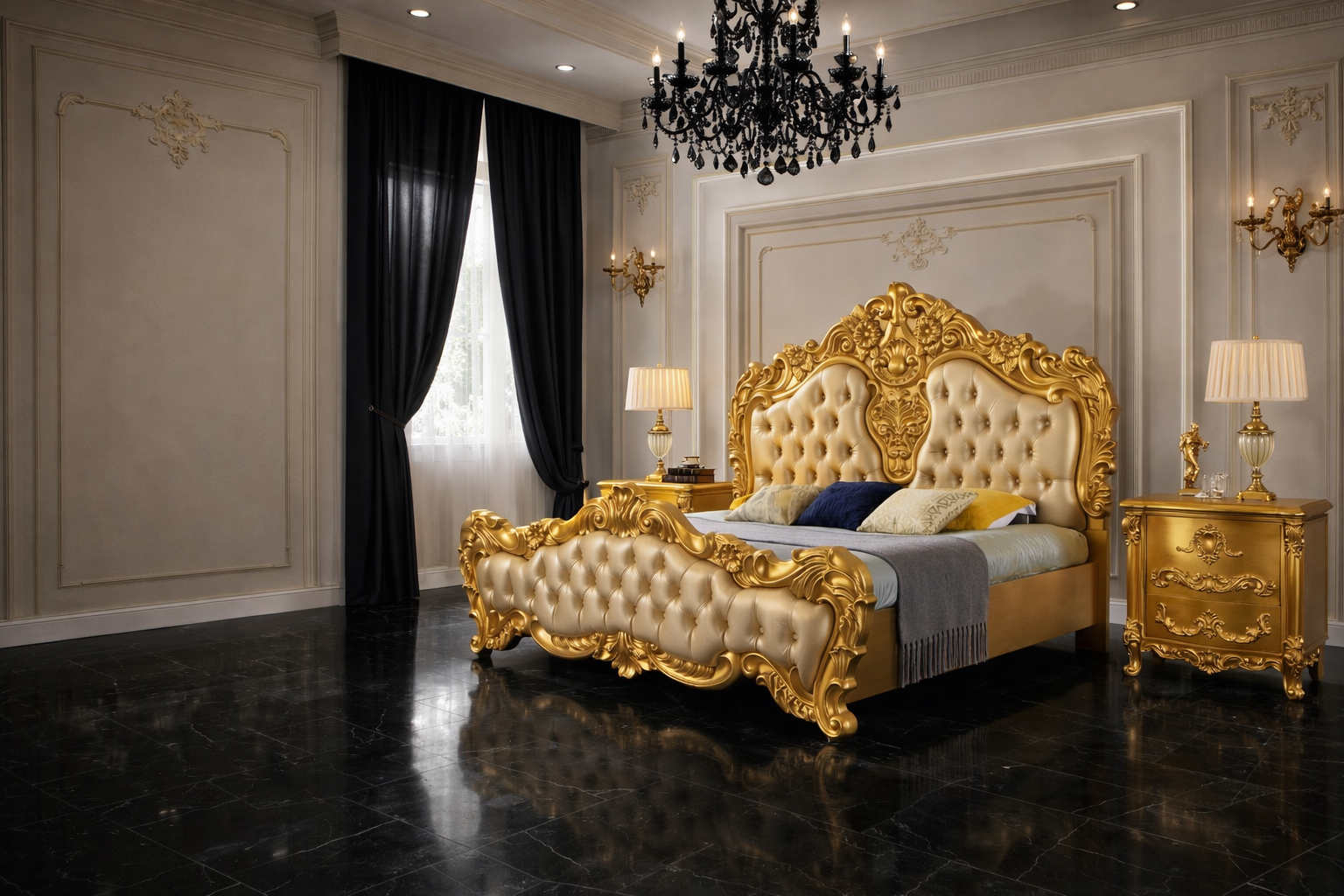Luxury Royal King Size Bedroom Furniture Set – Bed with Side Tables & Dressing Table