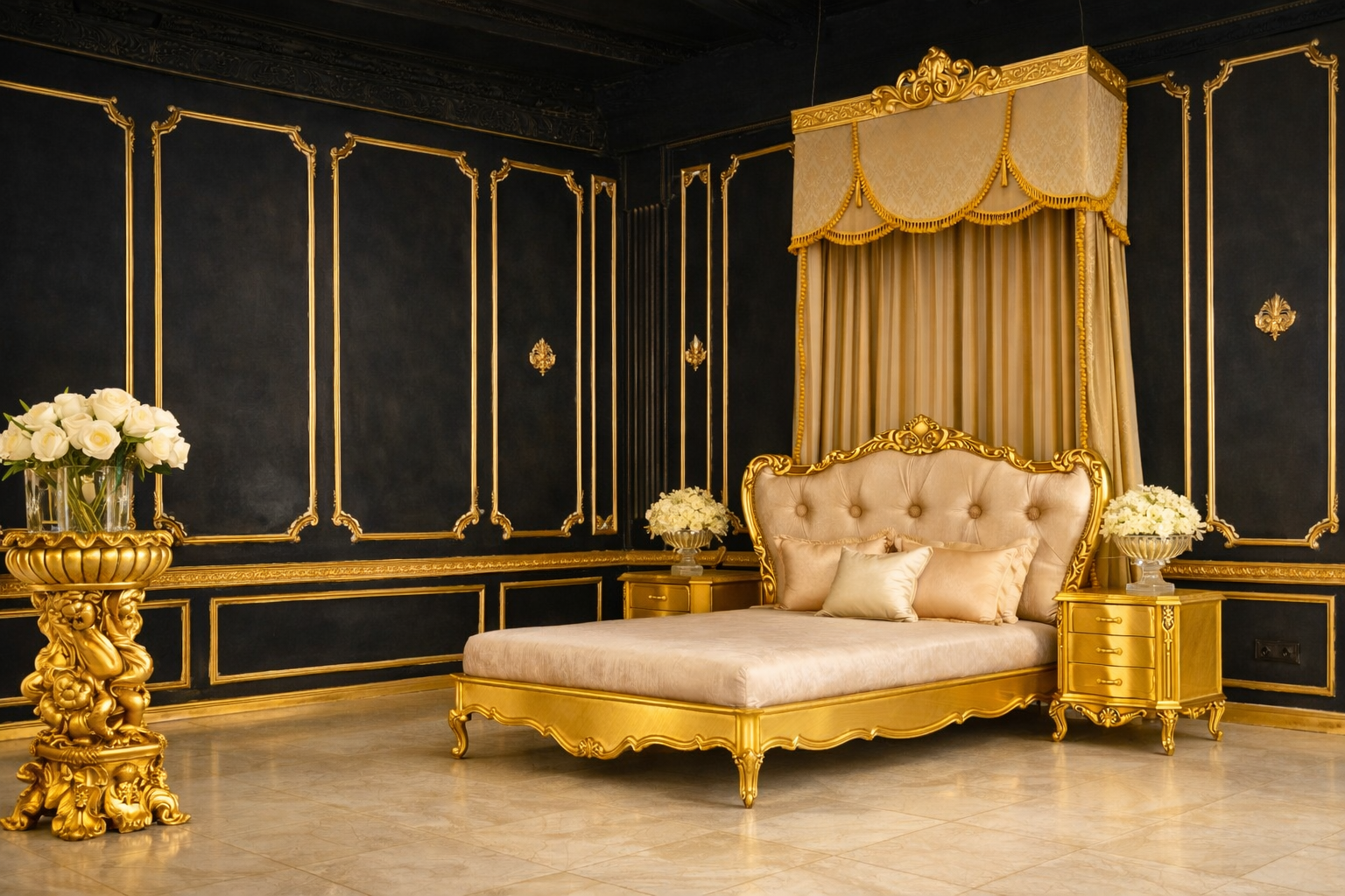 Luxury Royal King Size Bedroom Furniture Set – Bed with Side Tables & Dressing Table