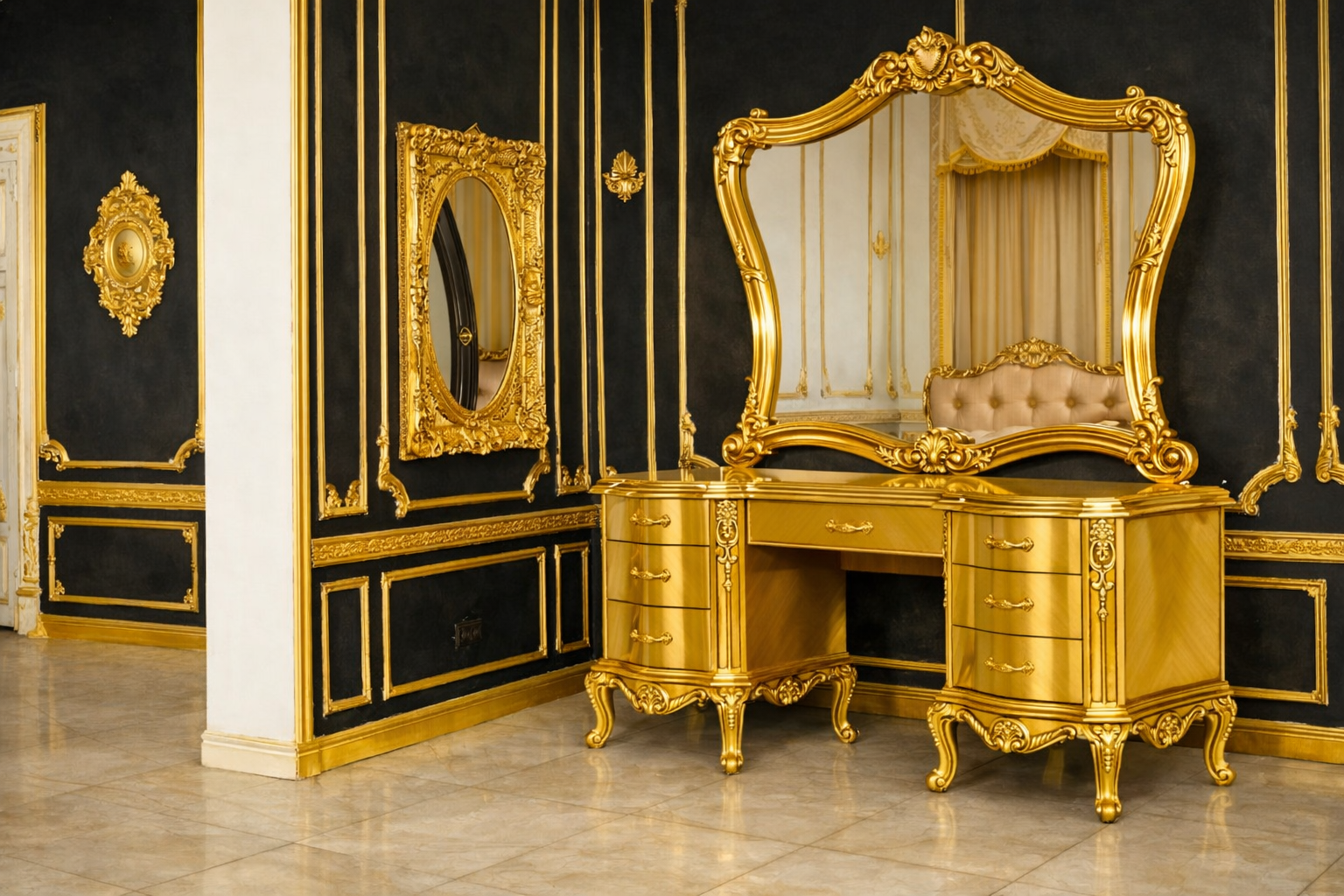 Luxury Royal King Size Bedroom Furniture Set – Bed with Side Tables & Dressing Table