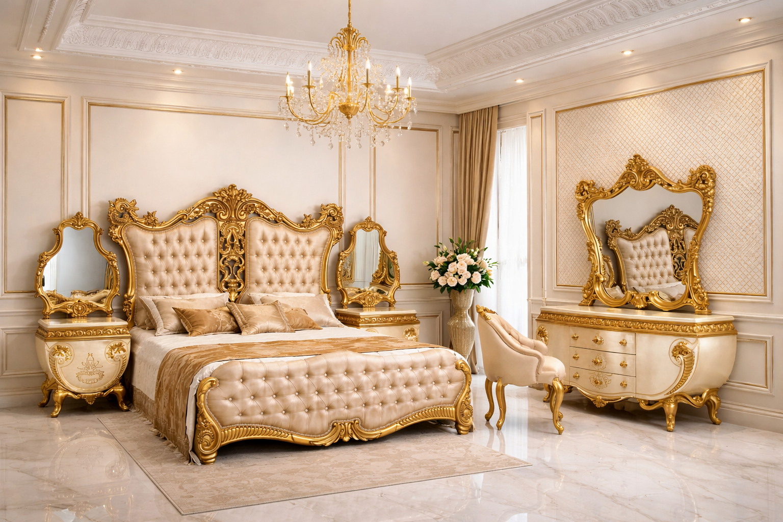 Luxury Royal King Size Bedroom Furniture Set – Bed with Side Tables & Dressing Table