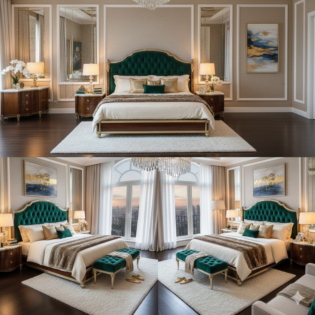 Luxury Antique King Size Bed Set with Side Tables & Bench – Royal Classic Bedroom Furniture