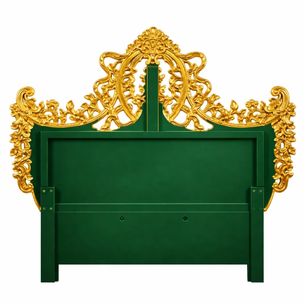 Royal Luxury King Bed – Antique Gold & Emerald Upholstered Palace-Style Bed
