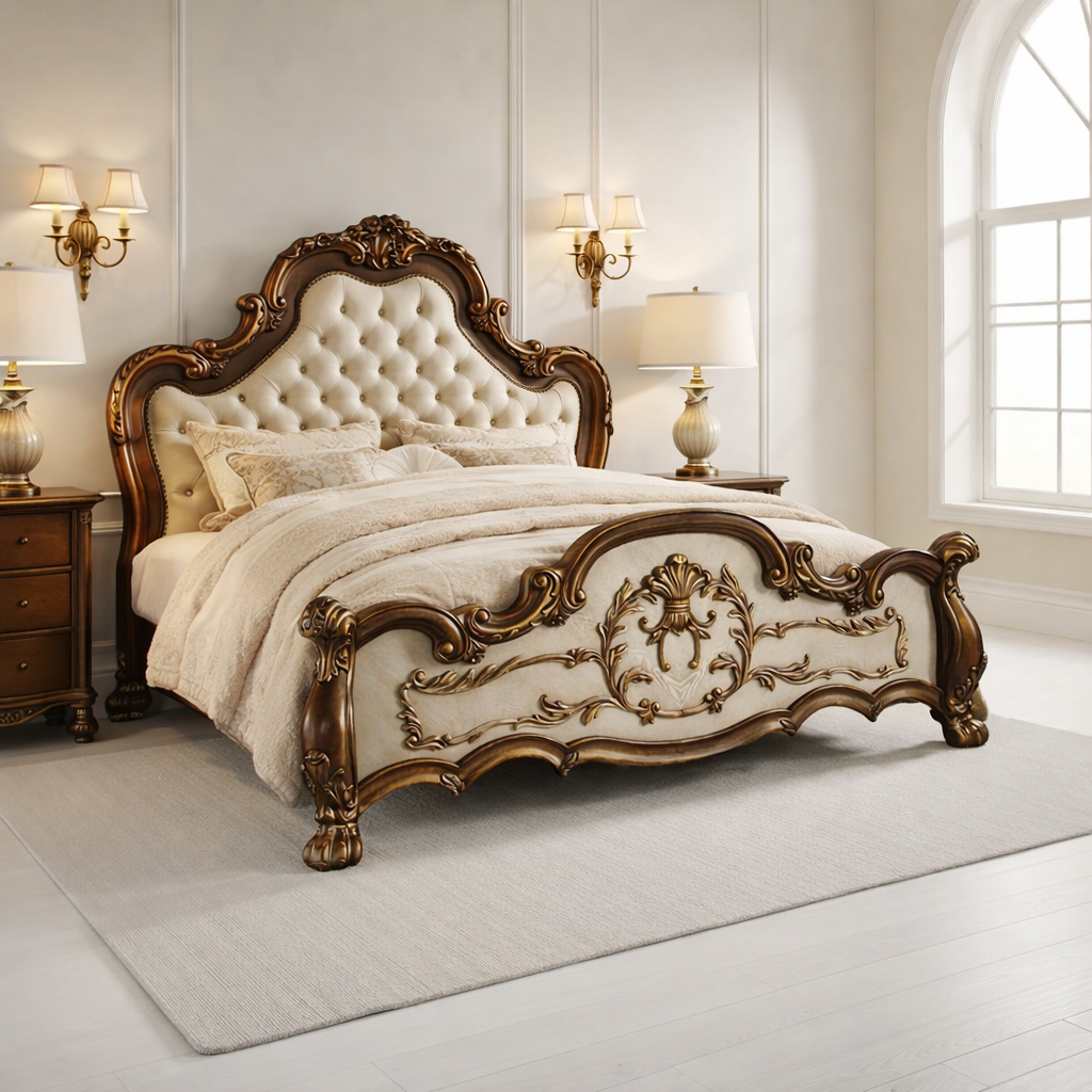 Luxury Antique King Size Bed – Premium Solid Wood Upholstered Bed
