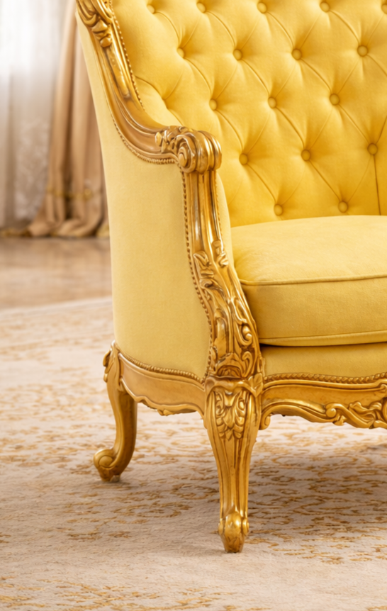 Antique Royal Luxury Hand-Carved Wooden Sofa Set (3+1+1) – Yellow Fabric & Gold Finish