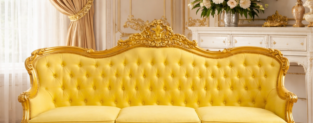 Antique Royal Luxury Hand-Carved Wooden Sofa Set (3+1+1) – Yellow Fabric & Gold Finish