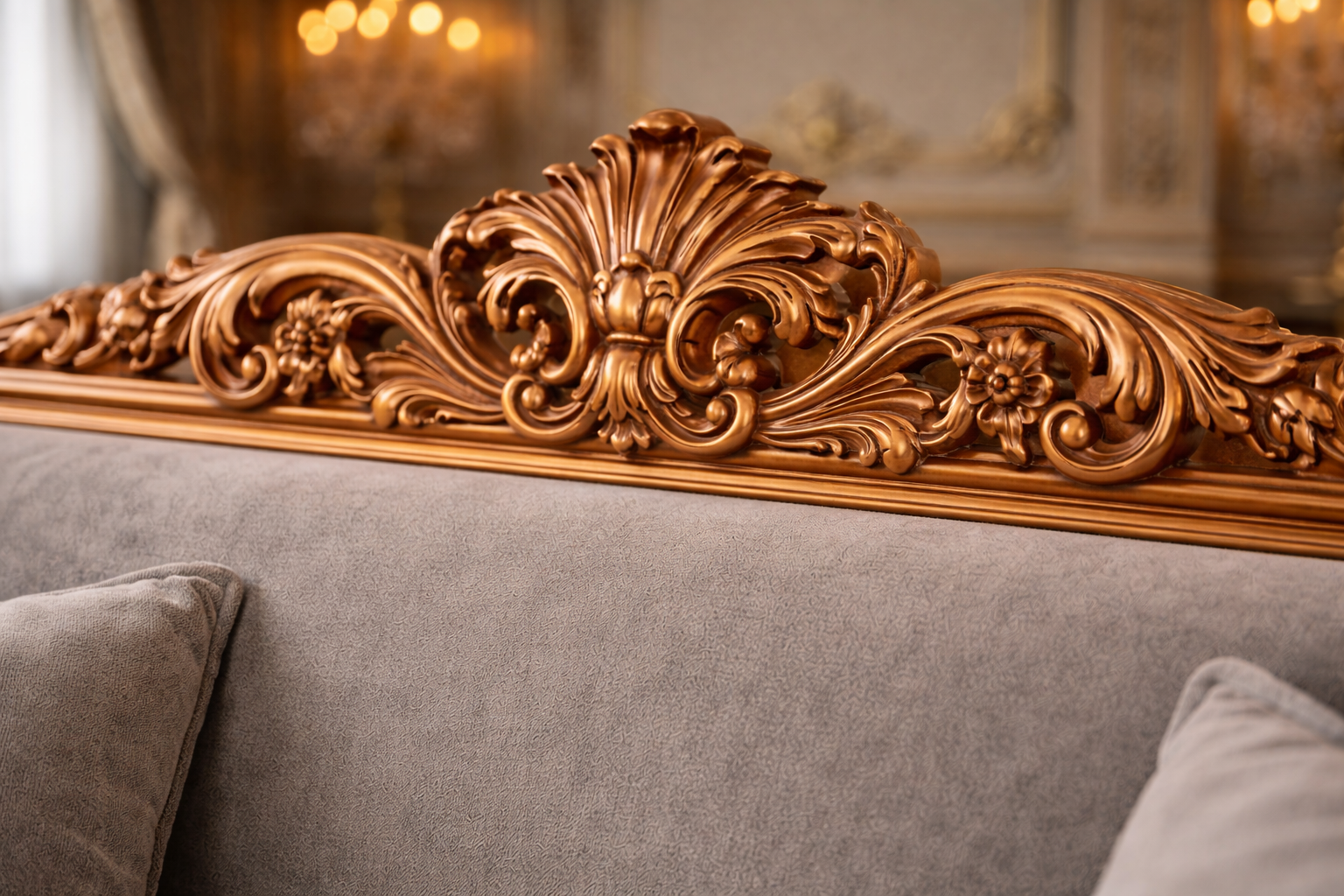 Antique Royal Luxury Hand-Carved Wooden Sofa | Grey Fabric & Antique Finish