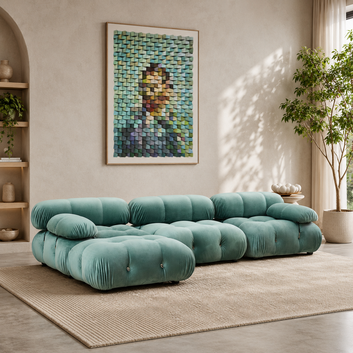 Luxury modular teal velvet sofa with solid teak wood frame for modern living room furniture.