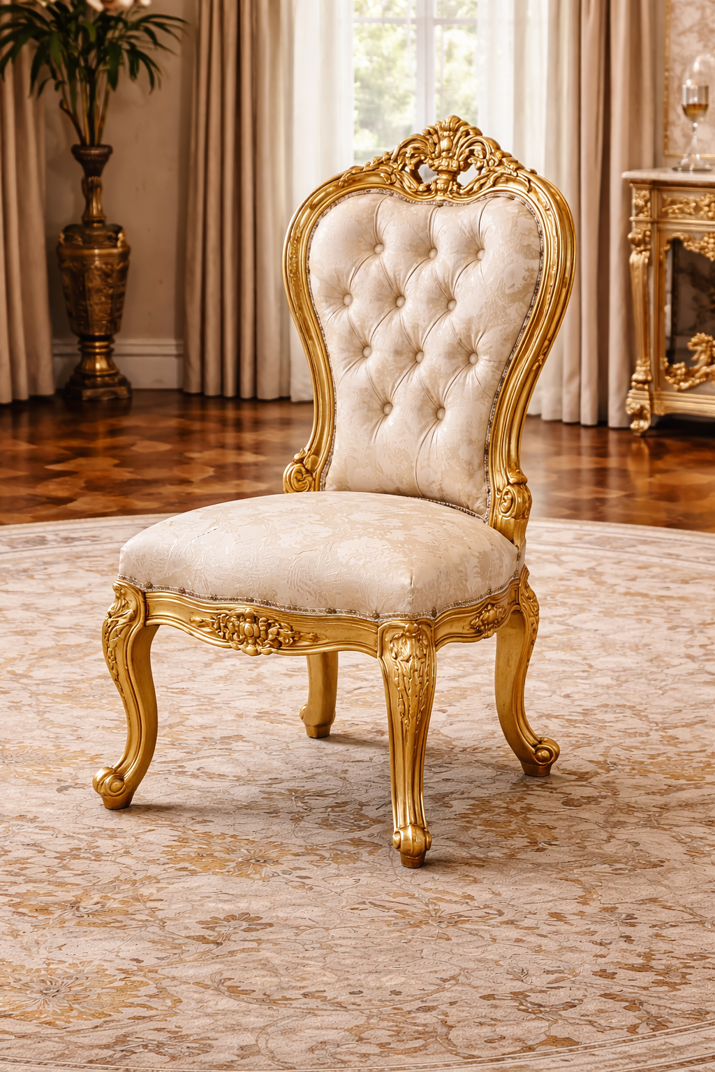 Royal Luxury 6 Seater Round Dining Table Set – Antique Gold Hand-Carved Solid Wood with Marble-Style Top