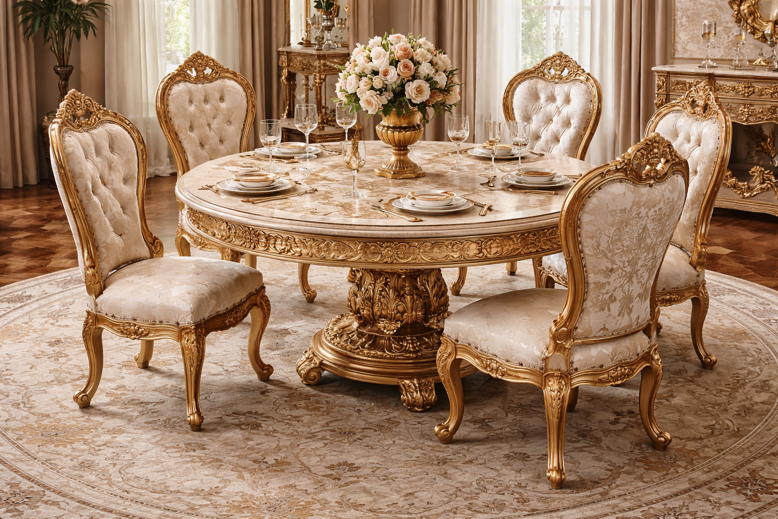 Royal Luxury 6 Seater Round Dining Table Set – Antique Gold Hand-Carved Solid Wood with Marble-Style Top
