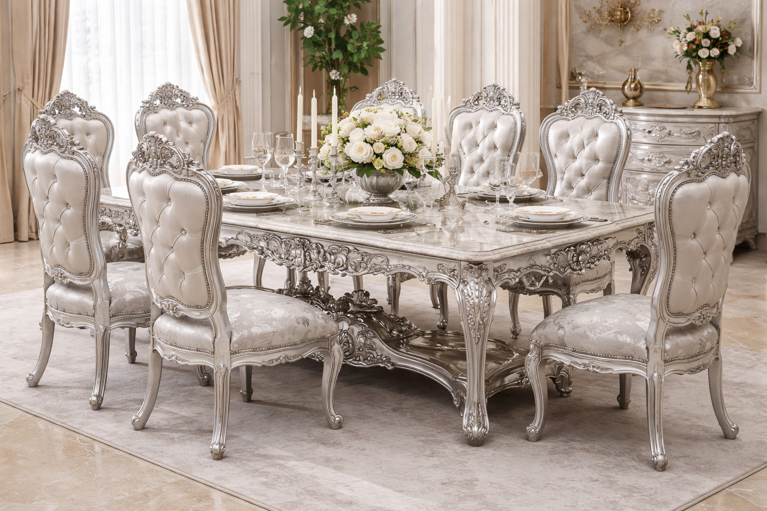Royal Luxury 8 Seater Dining Table Set – Antique Silver Hand-Carved Solid Wood with Marble-Finish Top