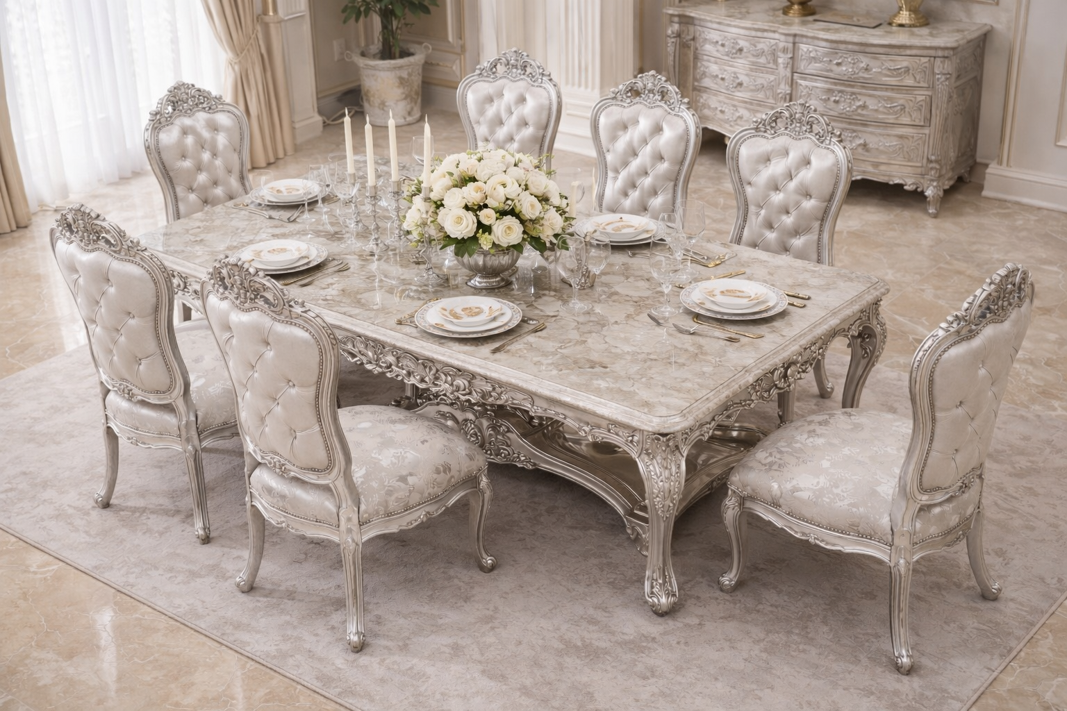 Royal Luxury 8 Seater Dining Table Set – Antique Silver Hand-Carved Solid Wood with Marble-Finish Top