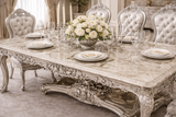 Royal Luxury 8 Seater Dining Table Set – Antique Silver Hand-Carved Solid Wood with Marble-Finish Top