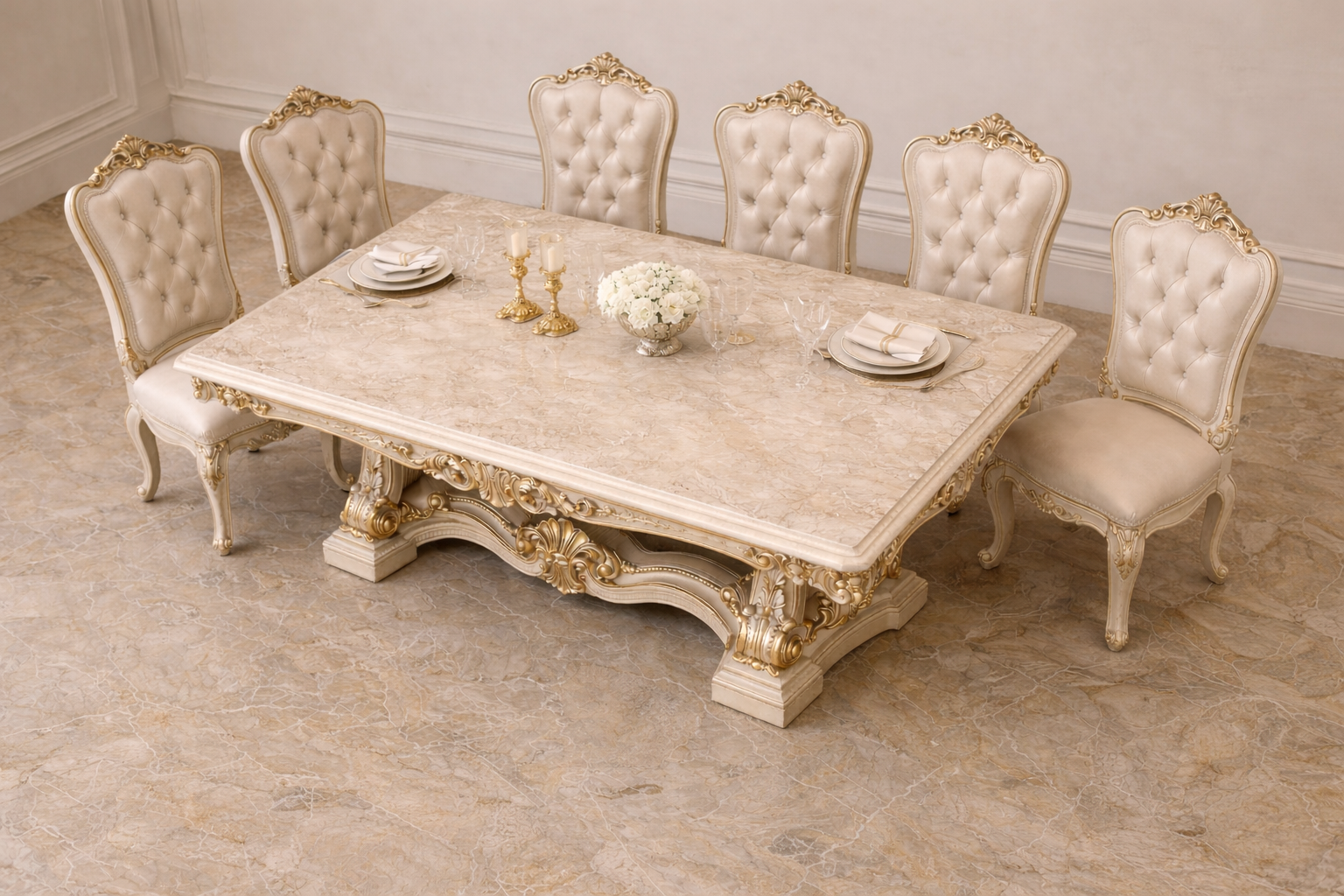 Royal Luxury 6 Seater Dining Table Set – Antique Gold Hand-Carved Solid Wood with Marble-Finish Top