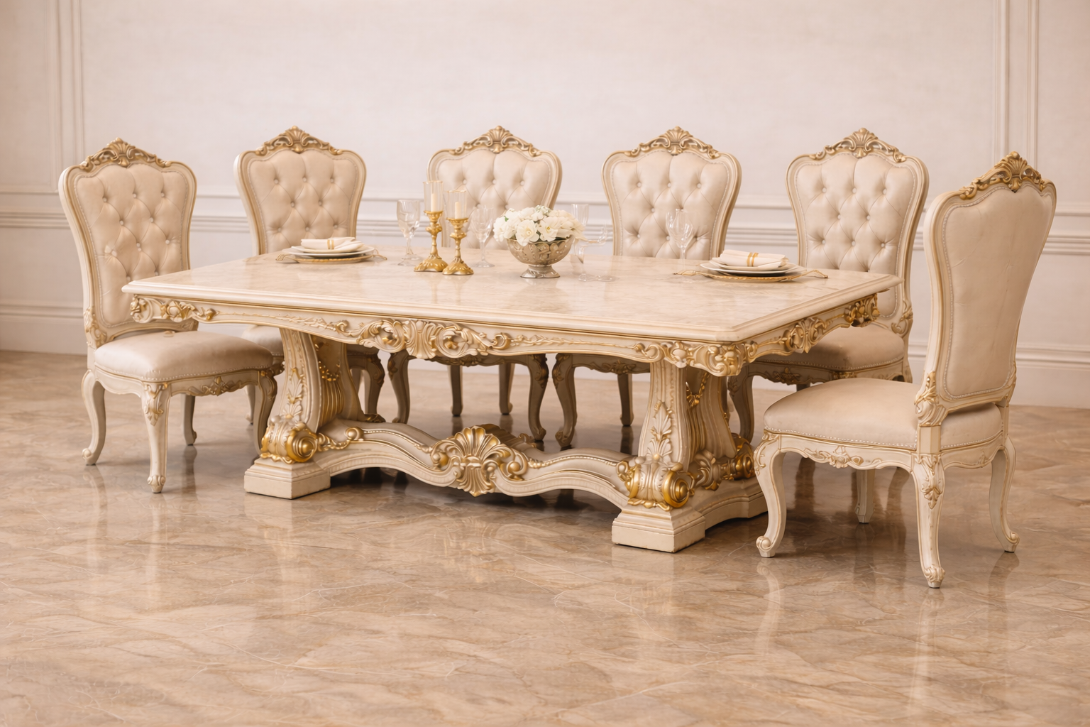 Royal Luxury 6 Seater Dining Table Set – Antique Gold Hand-Carved Solid Wood with Marble-Finish Top