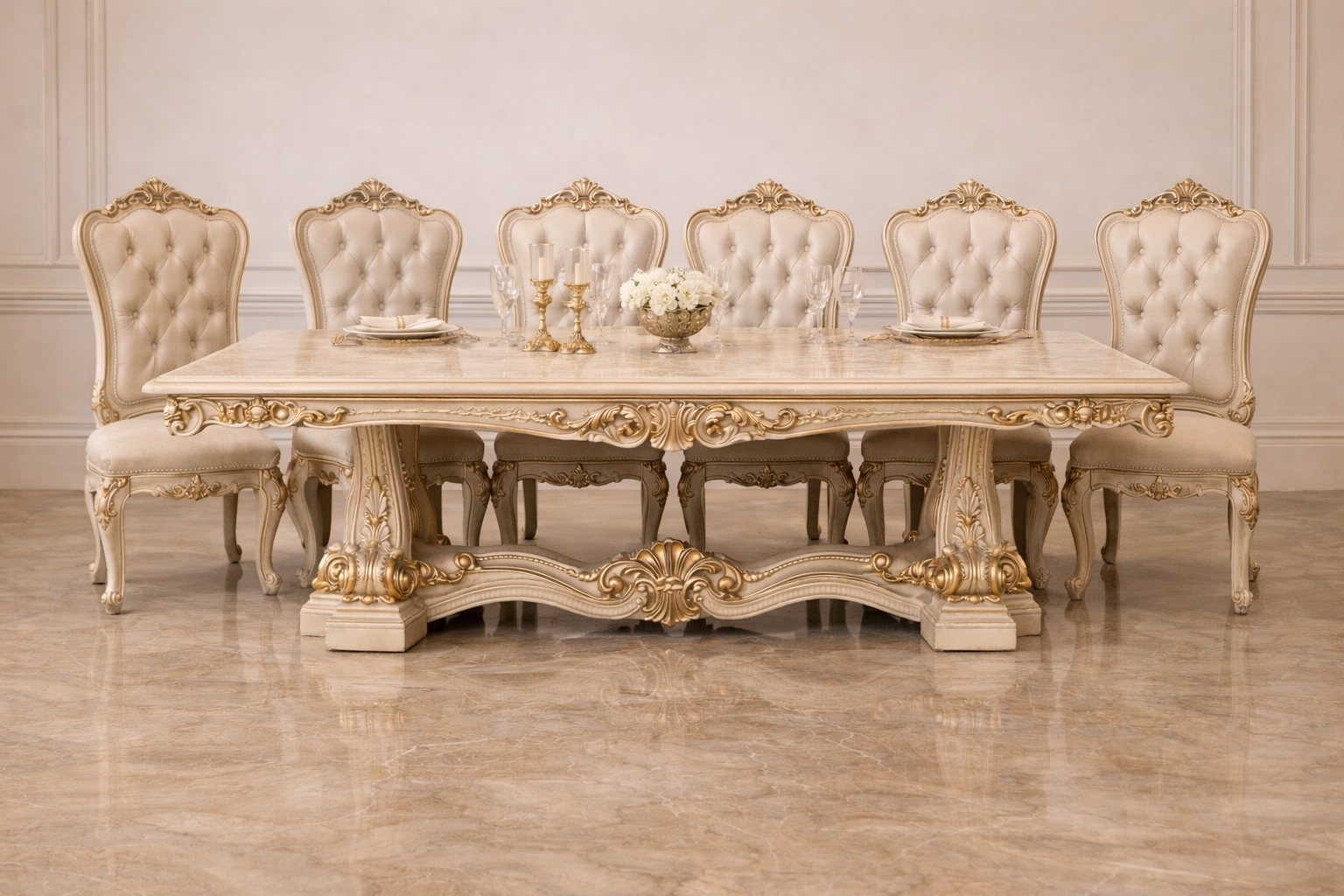 Royal Luxury 6 Seater Dining Table Set – Antique Gold Hand-Carved Solid Wood with Marble-Finish Top