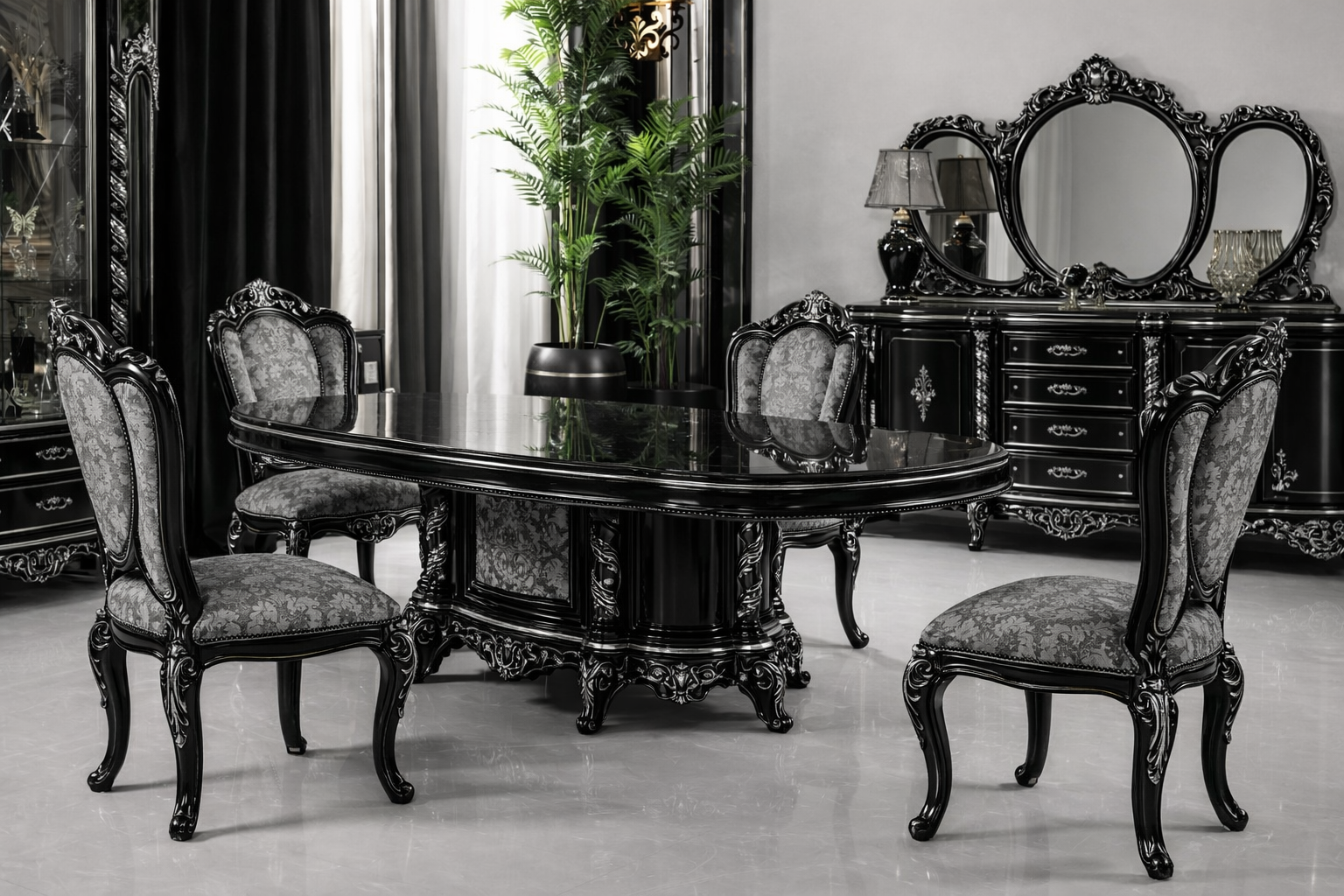 Luxury 4 Seater Dining Table Set – Black High-Gloss European Classic Design