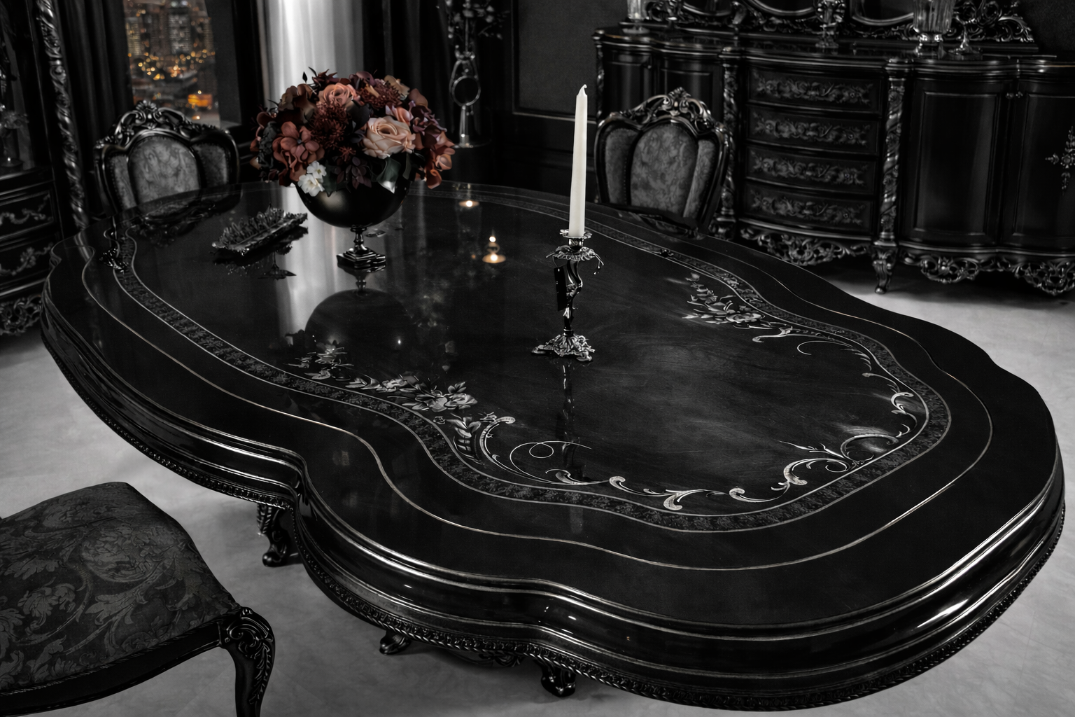 Luxury 4 Seater Dining Table Set – Black High-Gloss European Classic Design