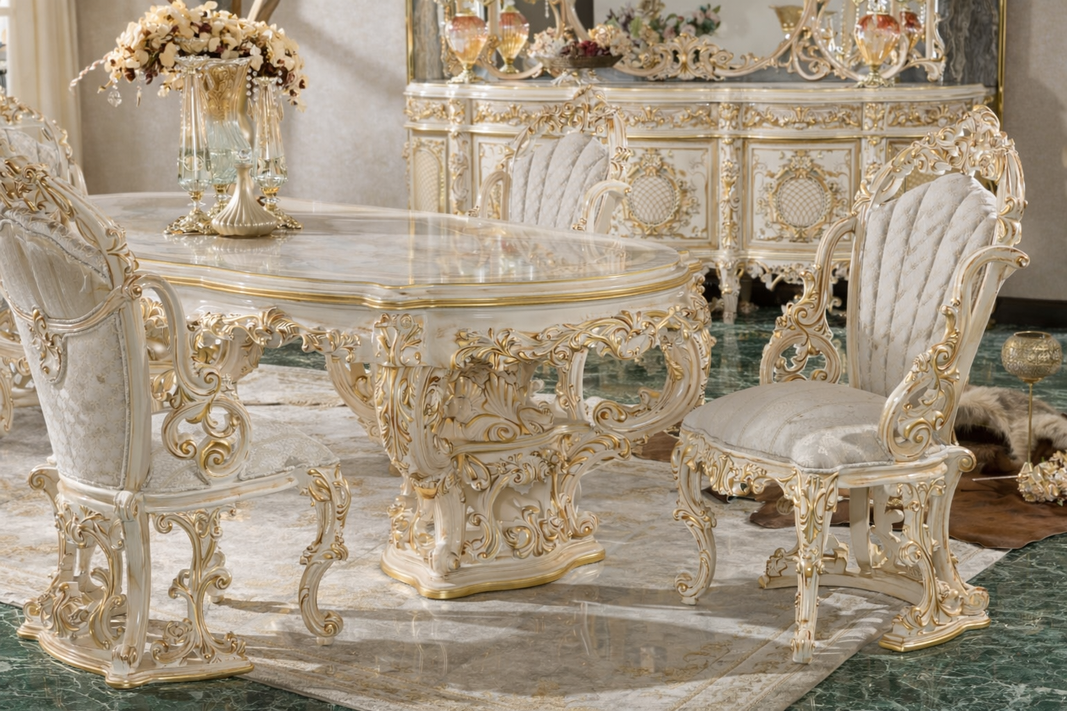 Luxury 4 Seater Dining Table Set – Royal Italian Classic Hand-Carved Design