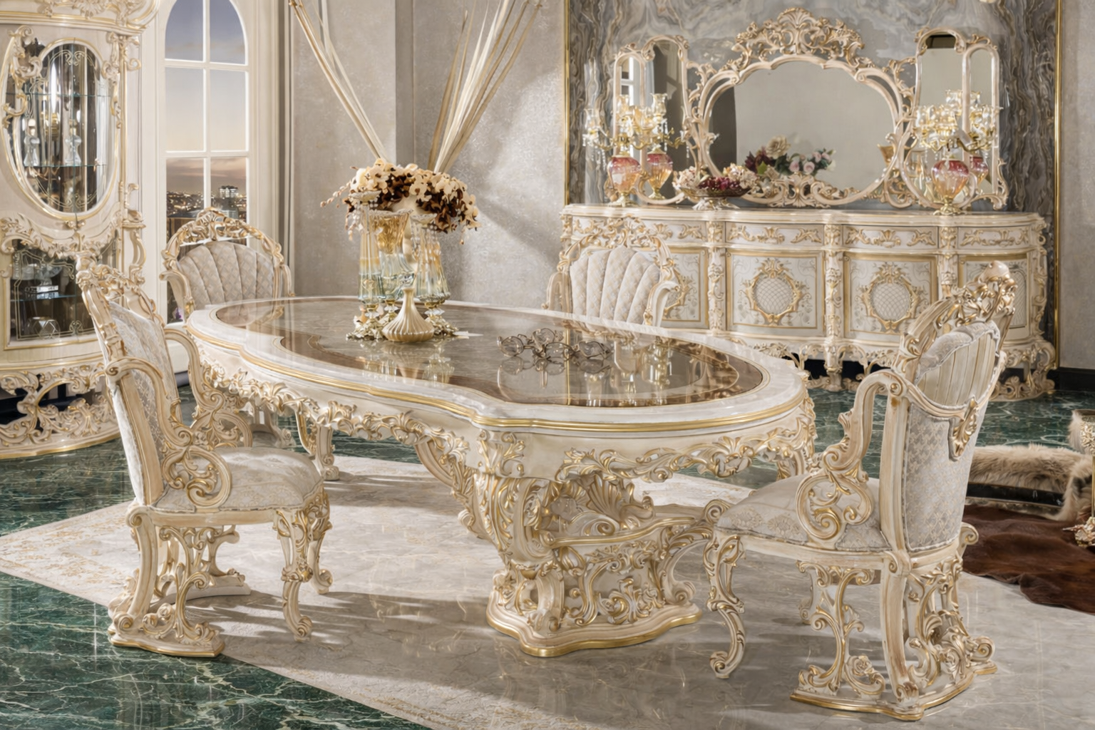 Luxury 4 Seater Dining Table Set – Royal Italian Classic Hand-Carved Design