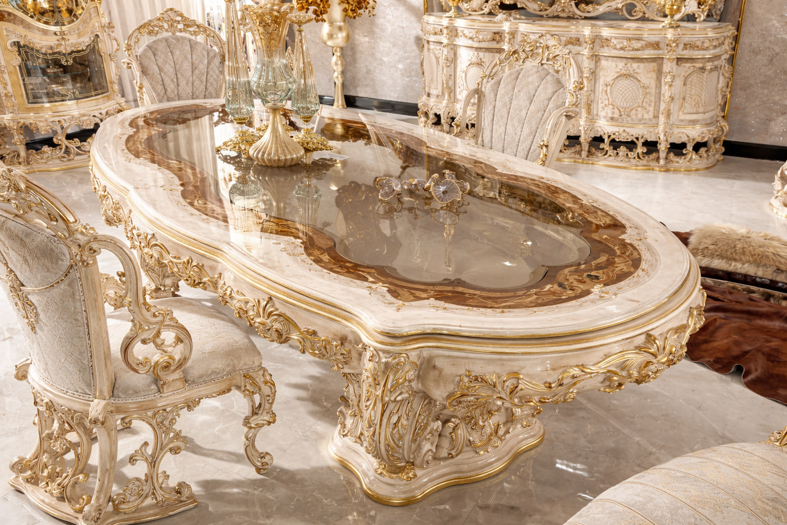 Luxury 4 Seater Dining Table Set – Royal Italian Classic Hand-Carved Design