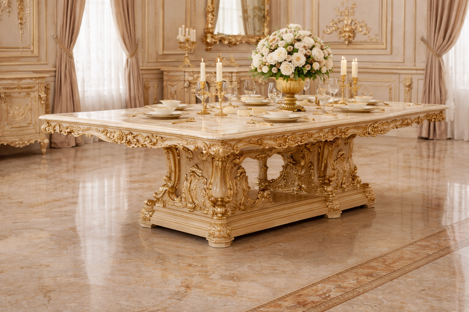 Luxury 6 Seater Dining Table Set – Royal Italian Classic Design with Marble-Style Top