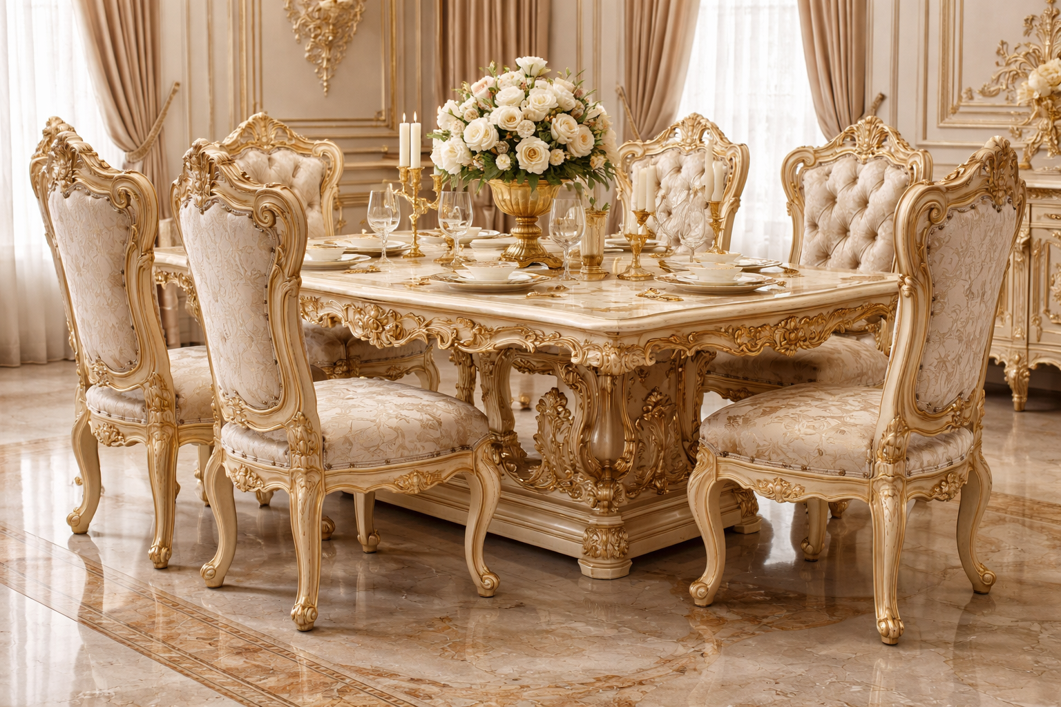 Luxury 6 Seater Dining Table Set – Royal Italian Classic Design with Marble-Style Top