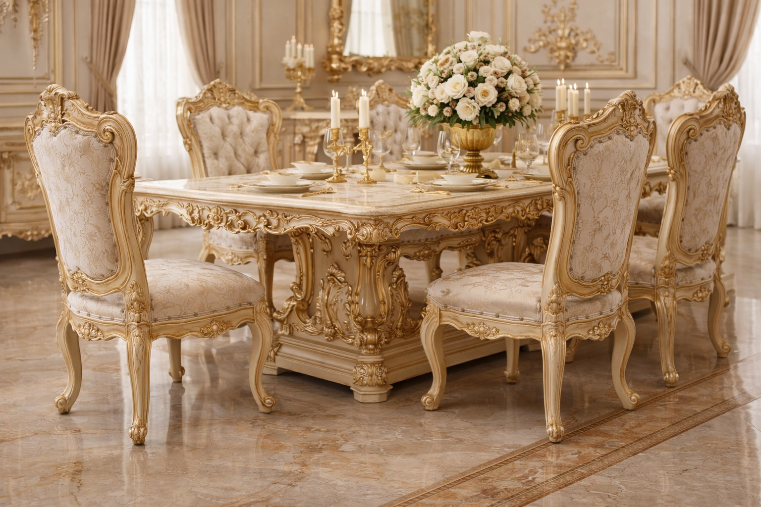 Luxury 6 Seater Dining Table Set – Royal Italian Classic Design with Marble-Style Top