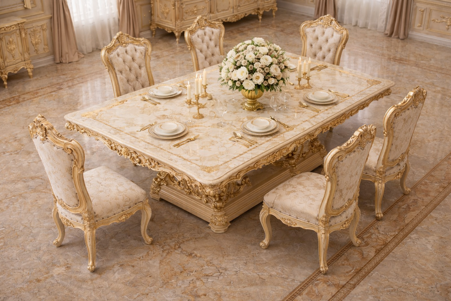Luxury 6 Seater Dining Table Set – Royal Italian Classic Design with Marble-Style Top