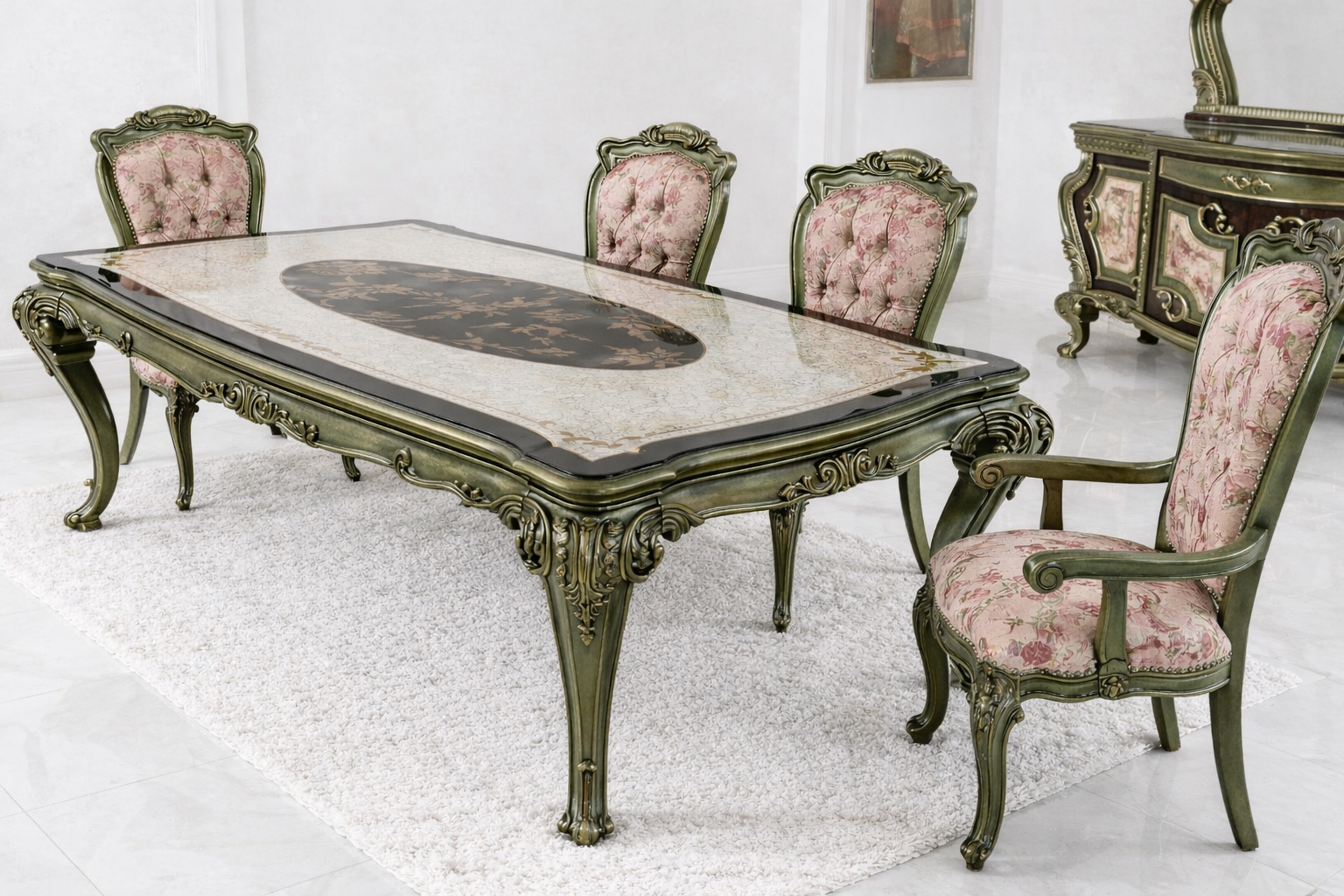 Luxury 4 Seater Dining Table Set – European Classic Hand-Carved Antique Green Finish