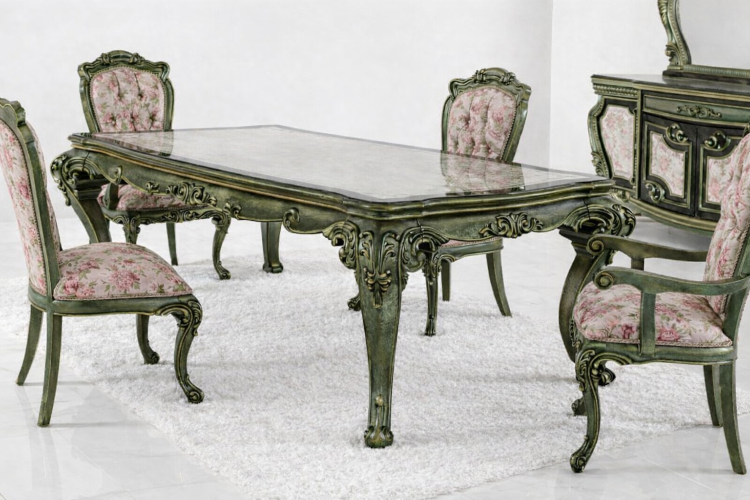 Luxury 4 Seater Dining Table Set – European Classic Hand-Carved Antique Green Finish