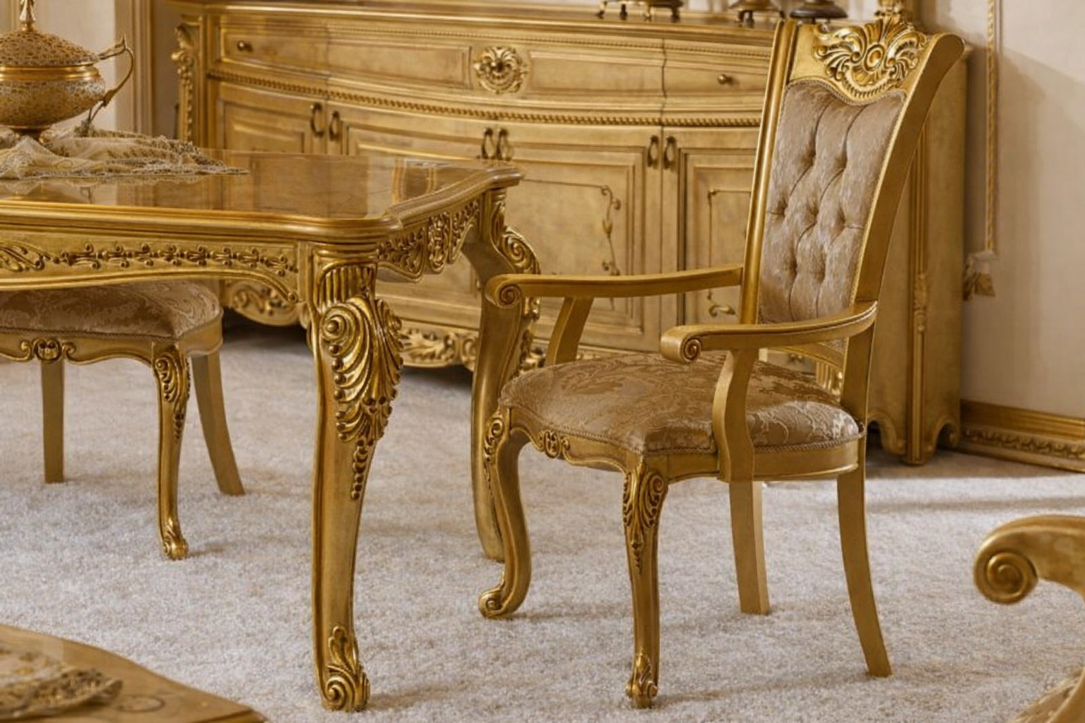 Royal Luxury 4 Seater Dining Table Set – European Classic Hand-Carved Solid Wood