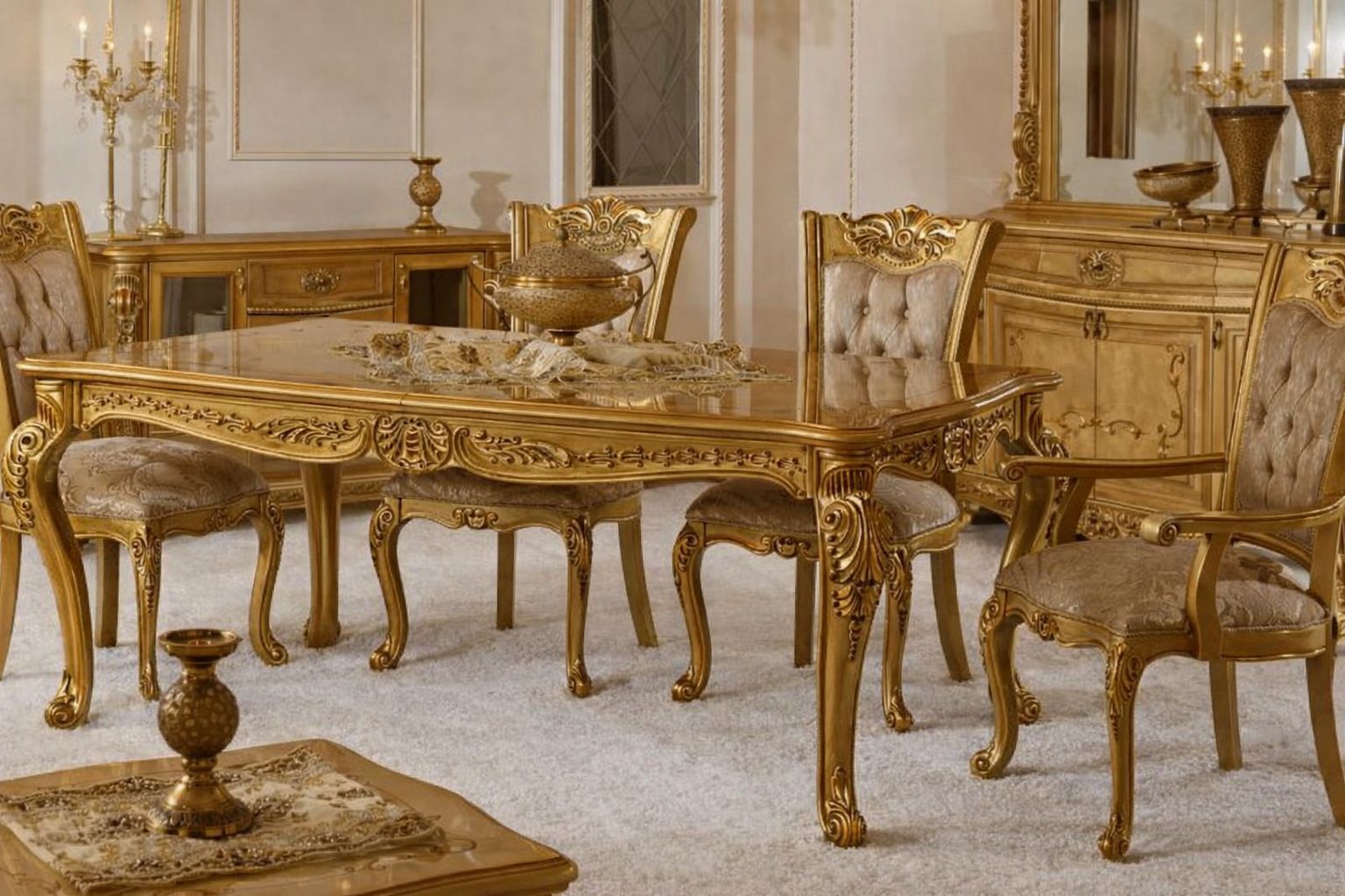 Royal Luxury 4 Seater Dining Table Set – European Classic Hand-Carved Solid Wood