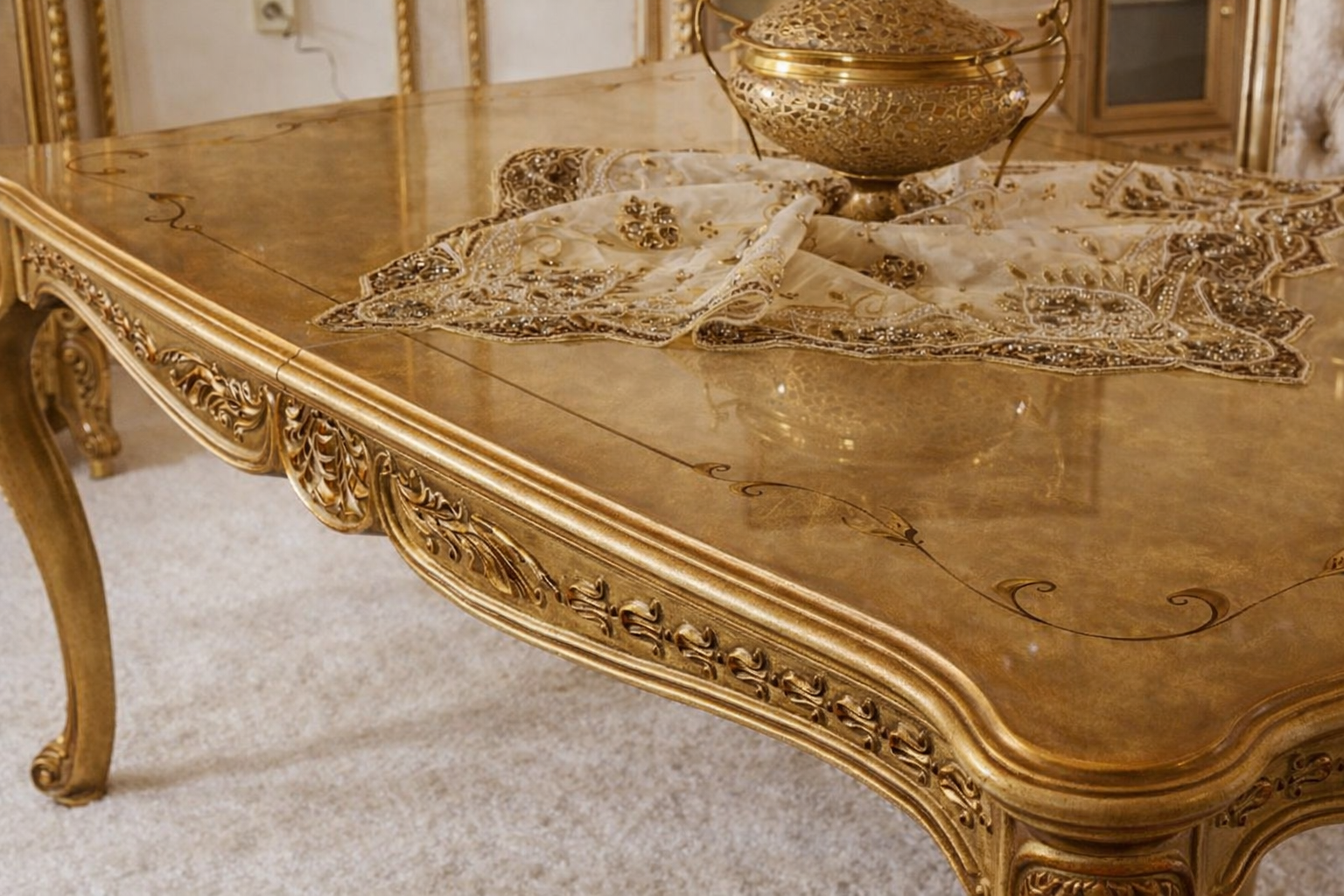 Royal Luxury 4 Seater Dining Table Set – European Classic Hand-Carved Solid Wood