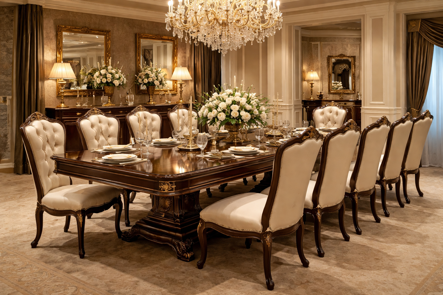 Royal Luxury 10 Seater Dining Table Set – European Classic Solid Wood Dining Set