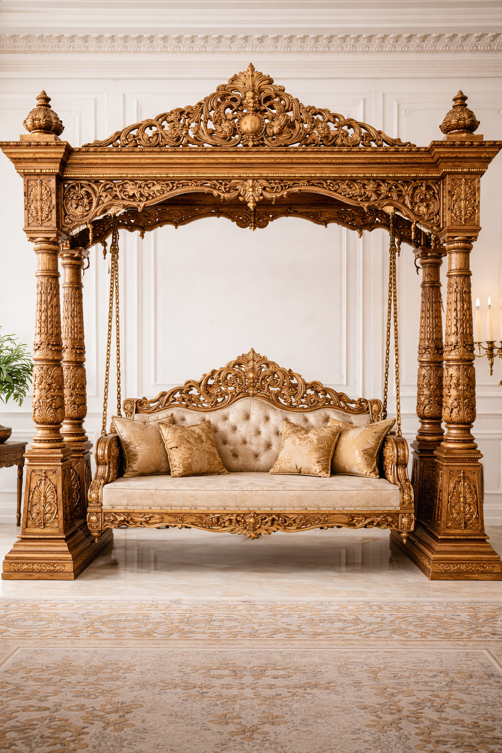 Luxury Hand Carved Wooden Jhula | Royal Carving Design Swing for Living Room