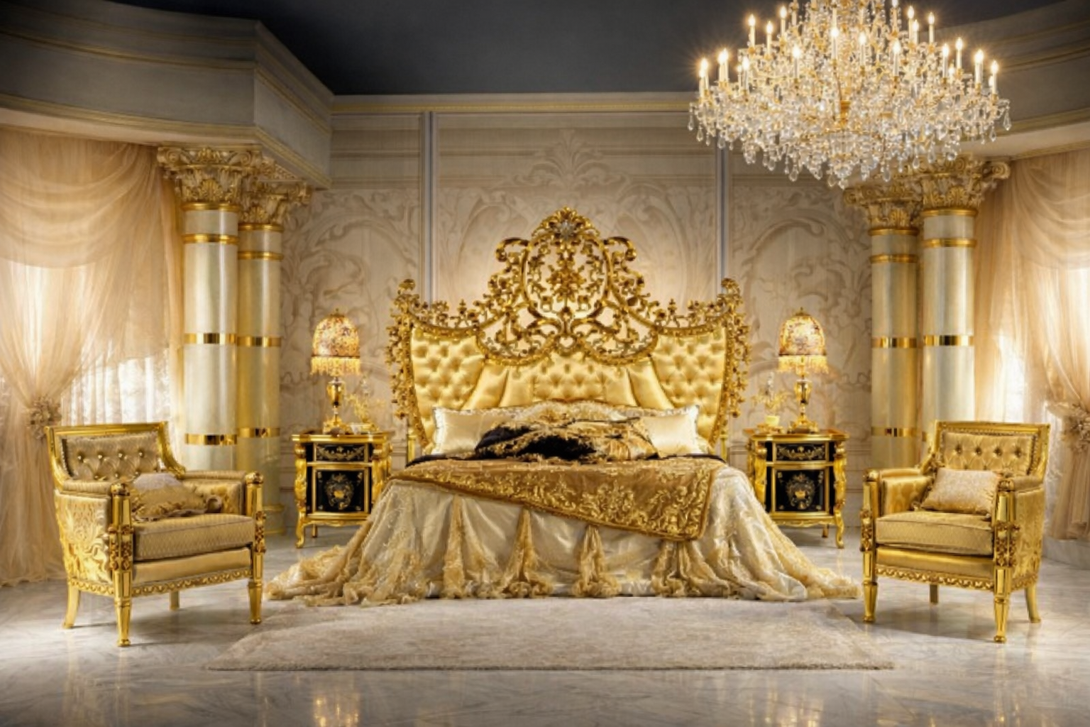 Royal Antique Luxury Bedroom Set with Hydraulic Storage – Premium Golden Finish