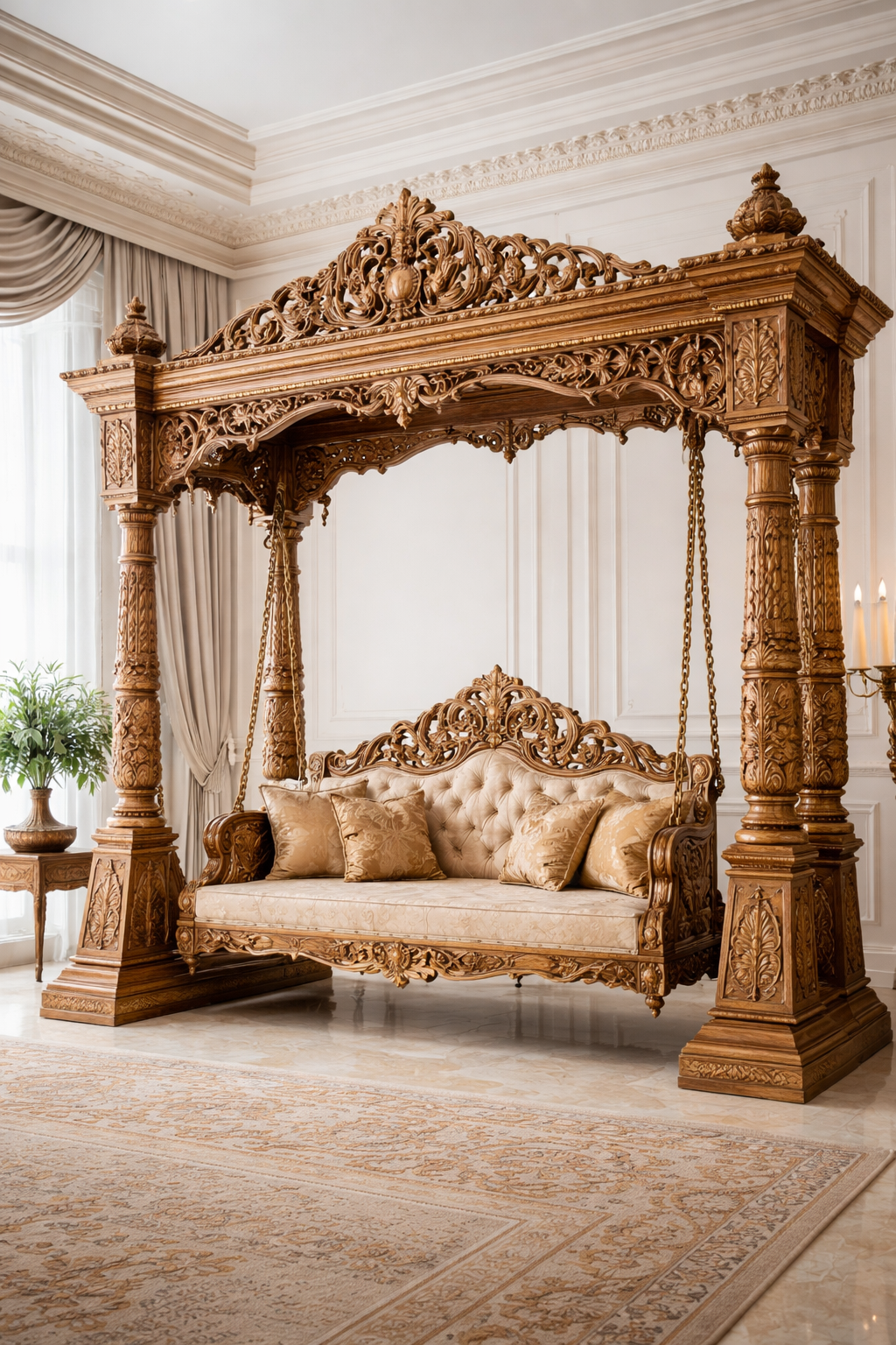 Luxury Hand Carved Wooden Jhula | Royal Carving Design Swing for Living Room