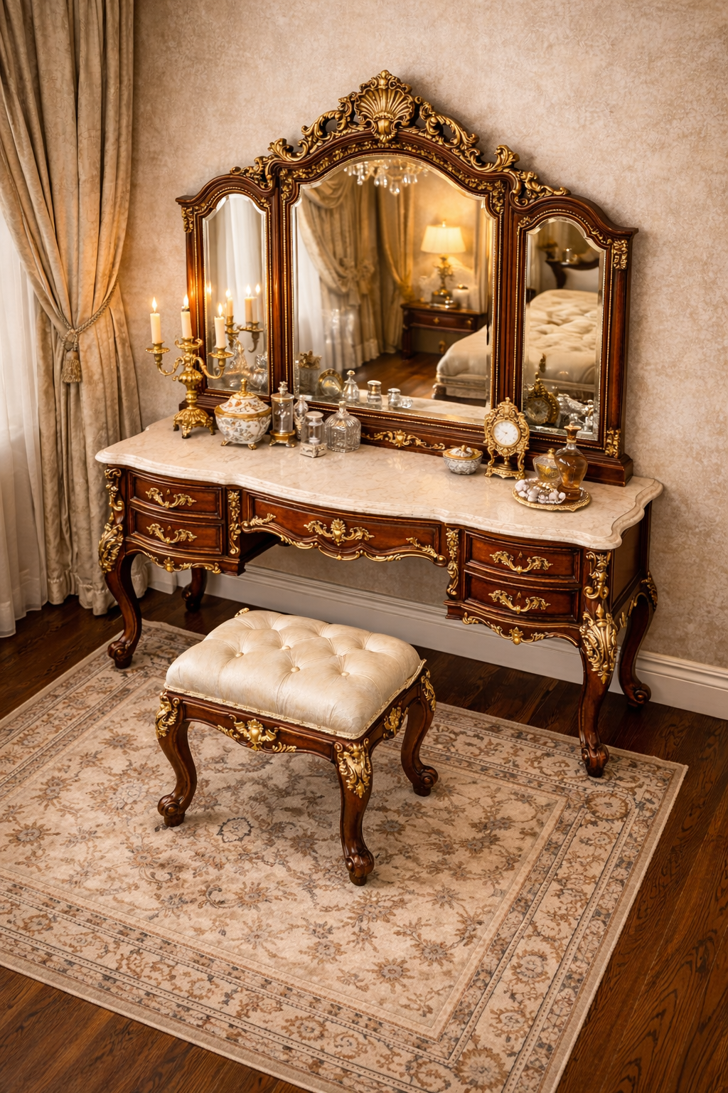 Luxurious Antique Dressing Table with Stool – Hand-Carved Royal Wooden Vanity