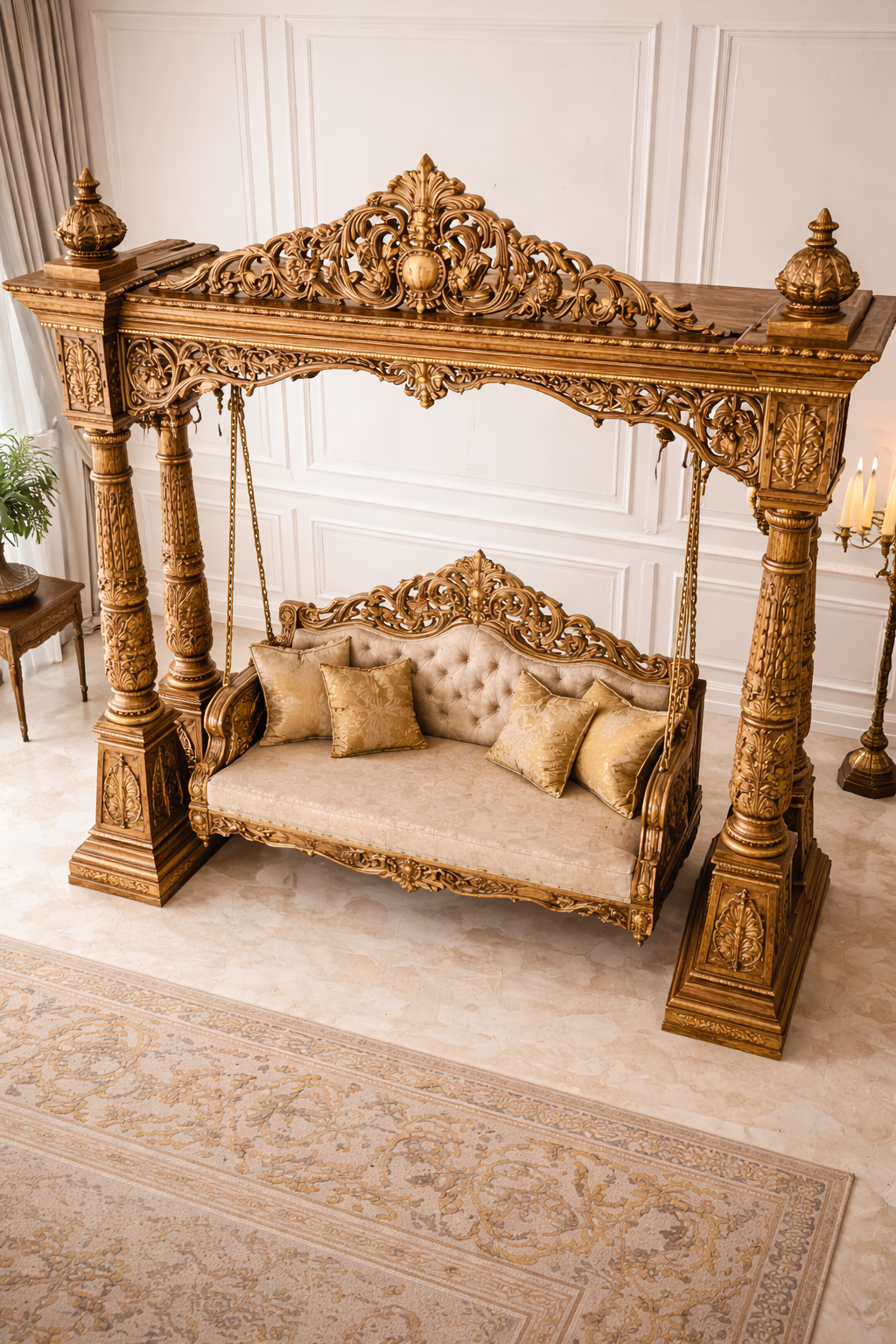 Luxury Hand Carved Wooden Jhula | Royal Carving Design Swing for Living Room