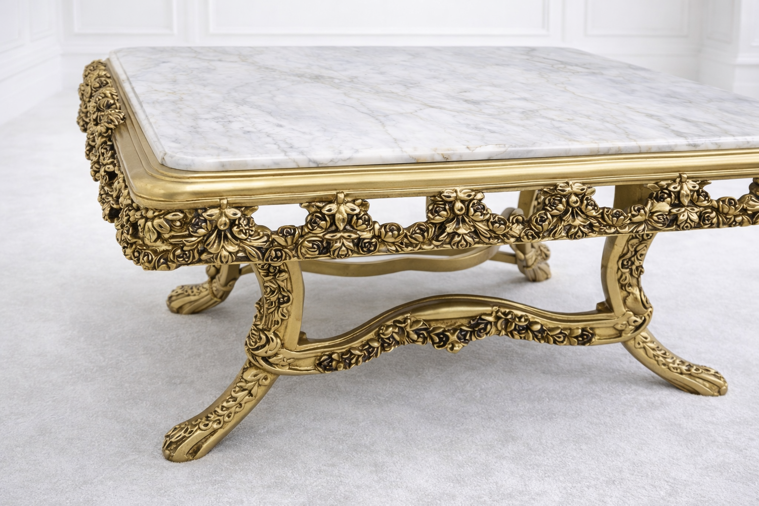 Luxury Antique Gold Carved Center Table with Marble Top