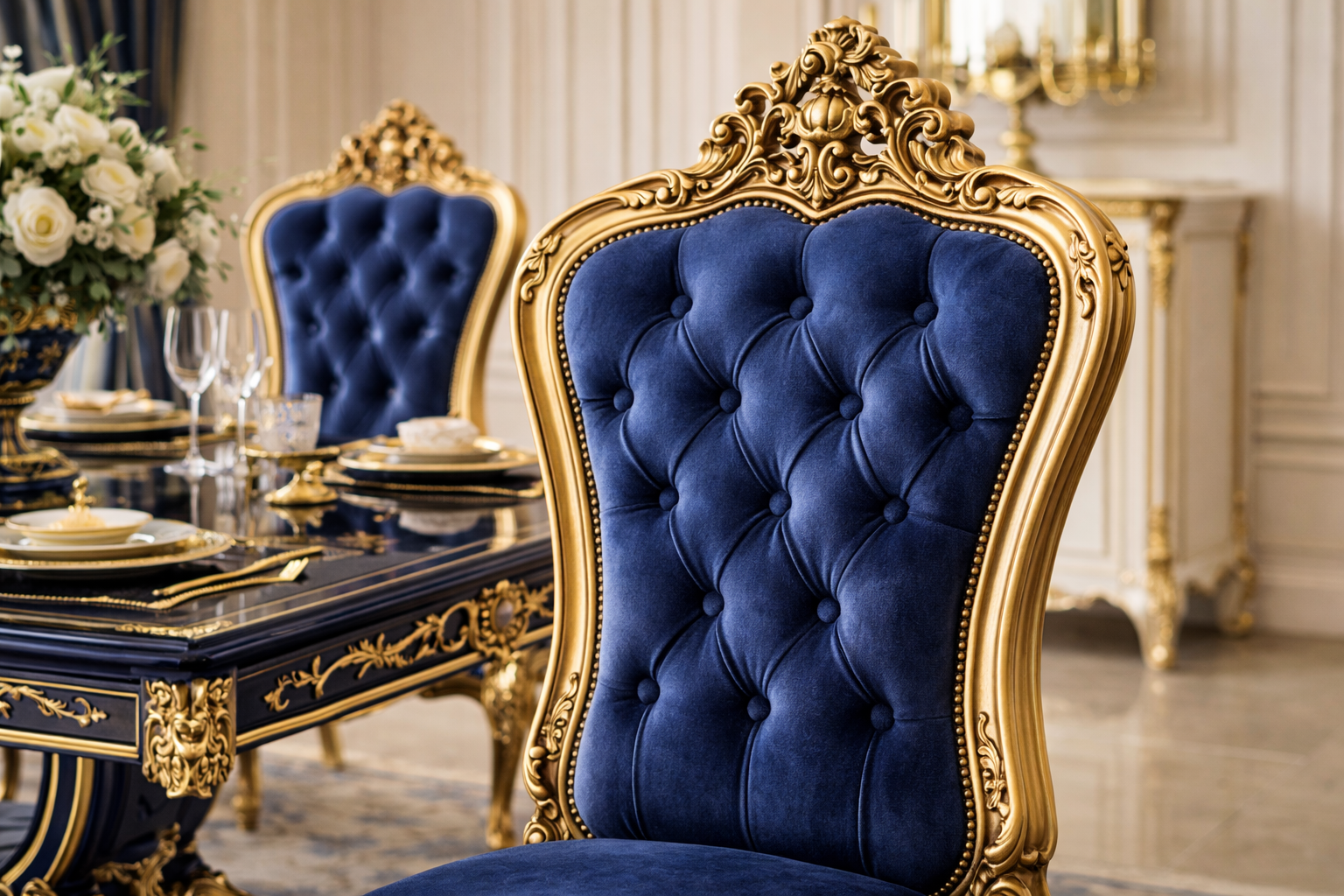 Royal Luxury 6 Seater Dining Table Set – Blue & Gold Hand-Carved Antique Dining Set