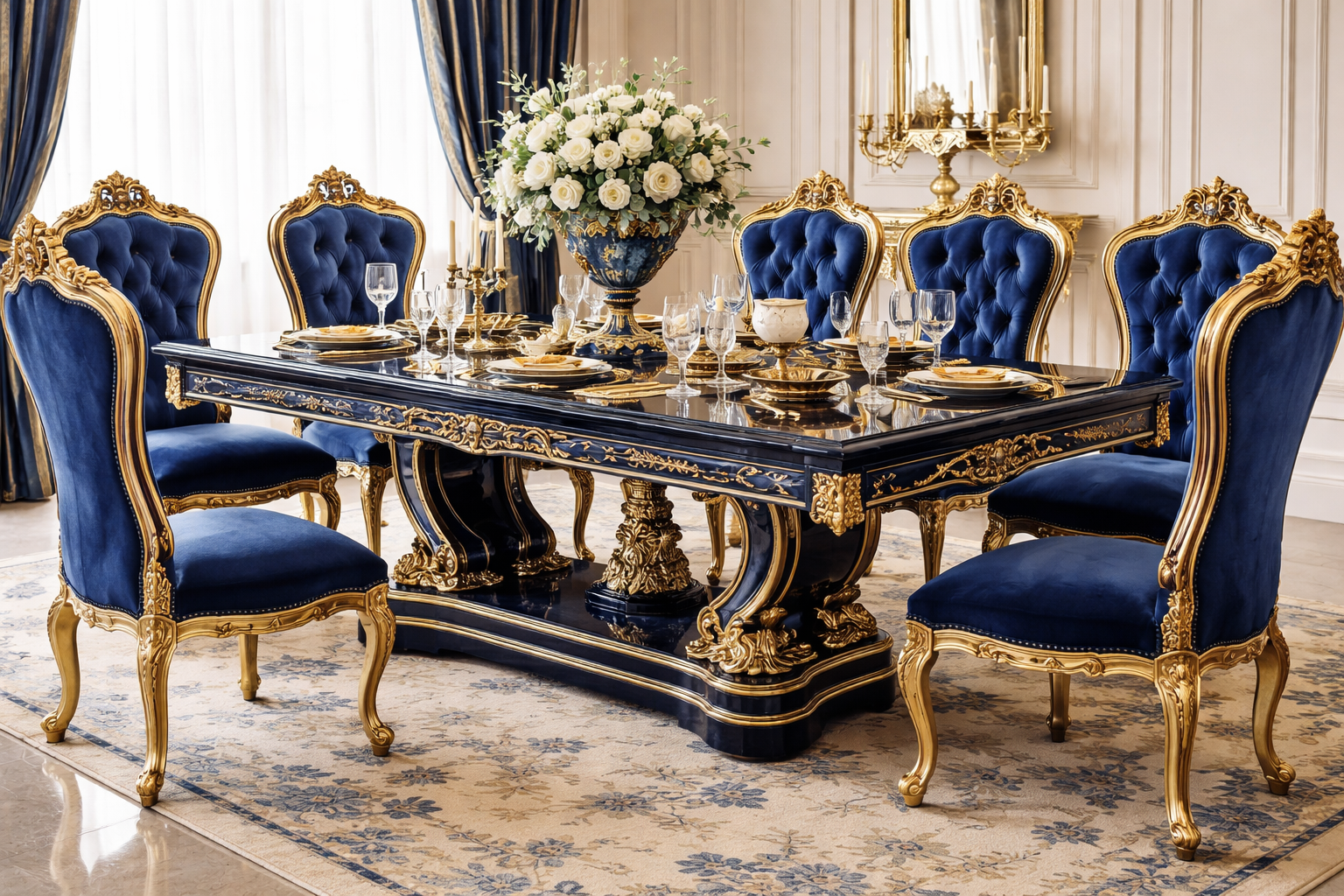 Royal Luxury 6 Seater Dining Table Set – Blue & Gold Hand-Carved Antique Dining Set