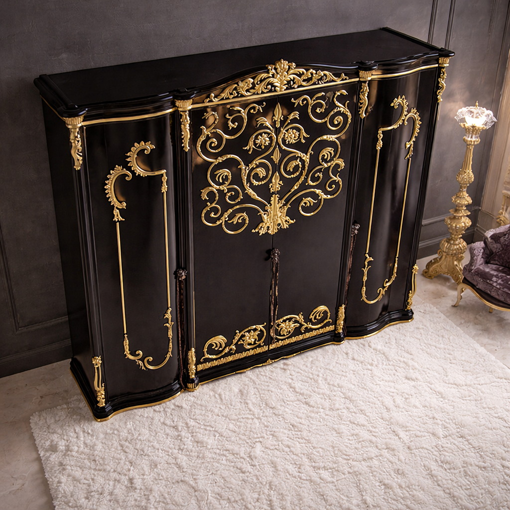 Luxury Black & Gold Royal Carved Wooden Wardrobe